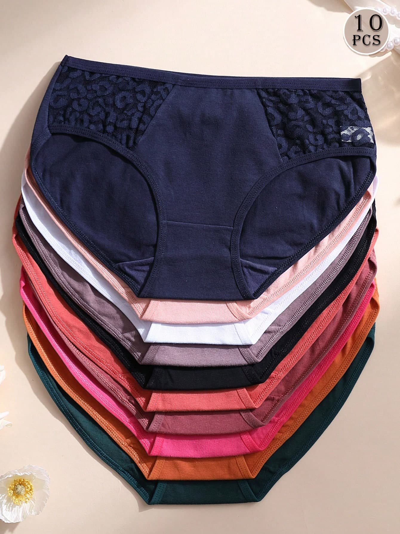 10pcs Women's Pure Cotton Panties, Sexy Lace Patchwork Triangle Briefs, Solid Color Comfortable Breathable Sports Underwear