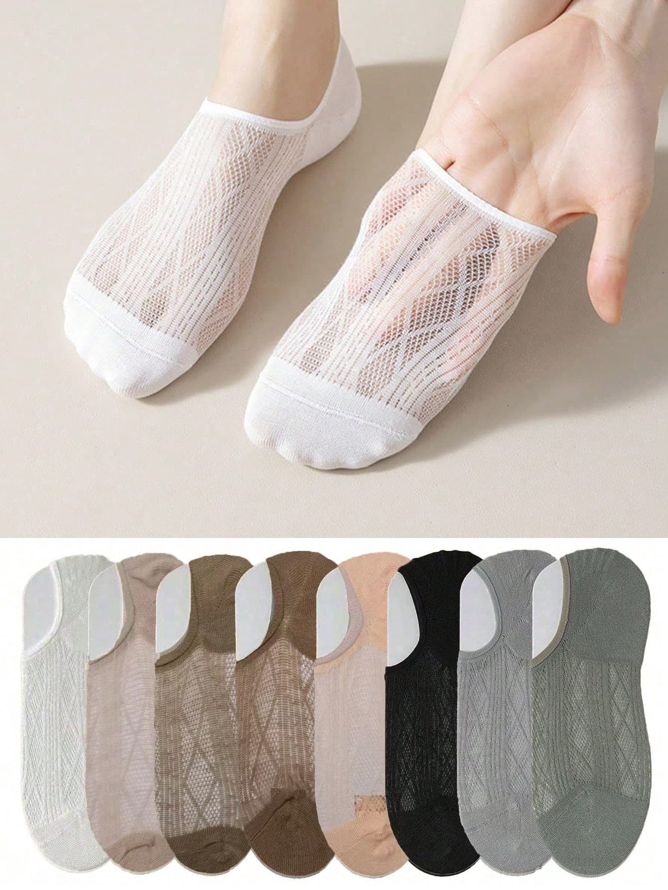 5/6/8 Pairs Multi-Pack Women's Mesh Summer Thin Solid Color Invisible Socks, Non-Slip Boat Socks, Soft Comfortable Casual Fluffy Socks, Suitable For Daily Wear, Home, Office, Campus, Sports, Women's Short Socks