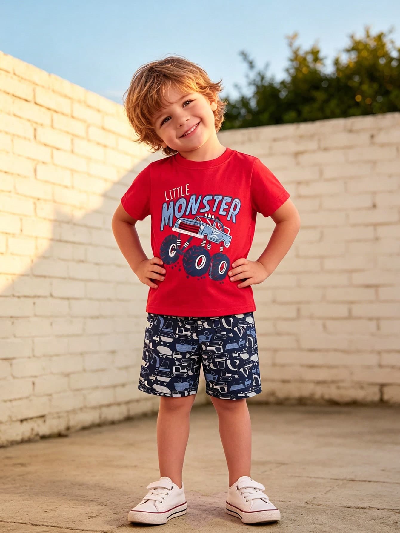 Young Boy Cartoon Car Pattern Short Sleeve T-Shirt And Shorts Casual Outfit For Summer
