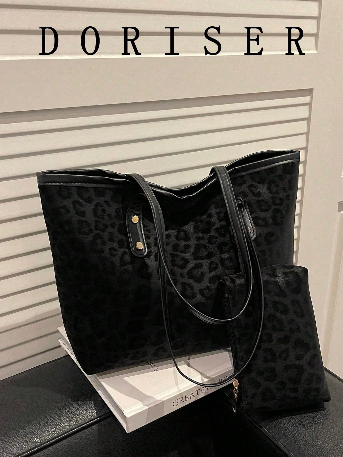 Minimalist Fashion Patchwork Leopard Print Tote Bag, Colorblock Buckle Decor, Large Capacity Practical Versatile 2-Piece Set, Crossbody Small Bag, Coin Purse, Suitable For Daily Commute, Shopping, All-Season Wear, Women's Choice For Practical Minimalist Style