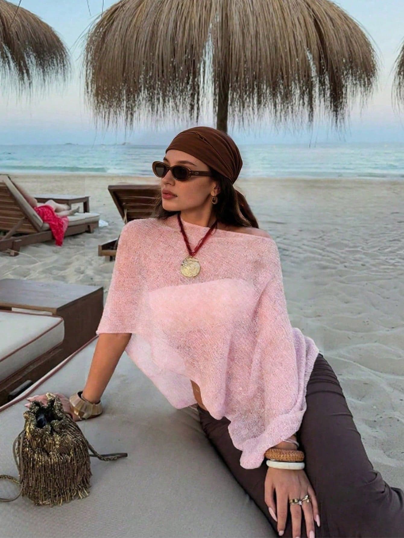 Mori Women's Y2K Pink Knit Off-Shoulder Top, Textured Loose Fit, Bohemian Sexy Beachwear, Suitable For Summer Vacation