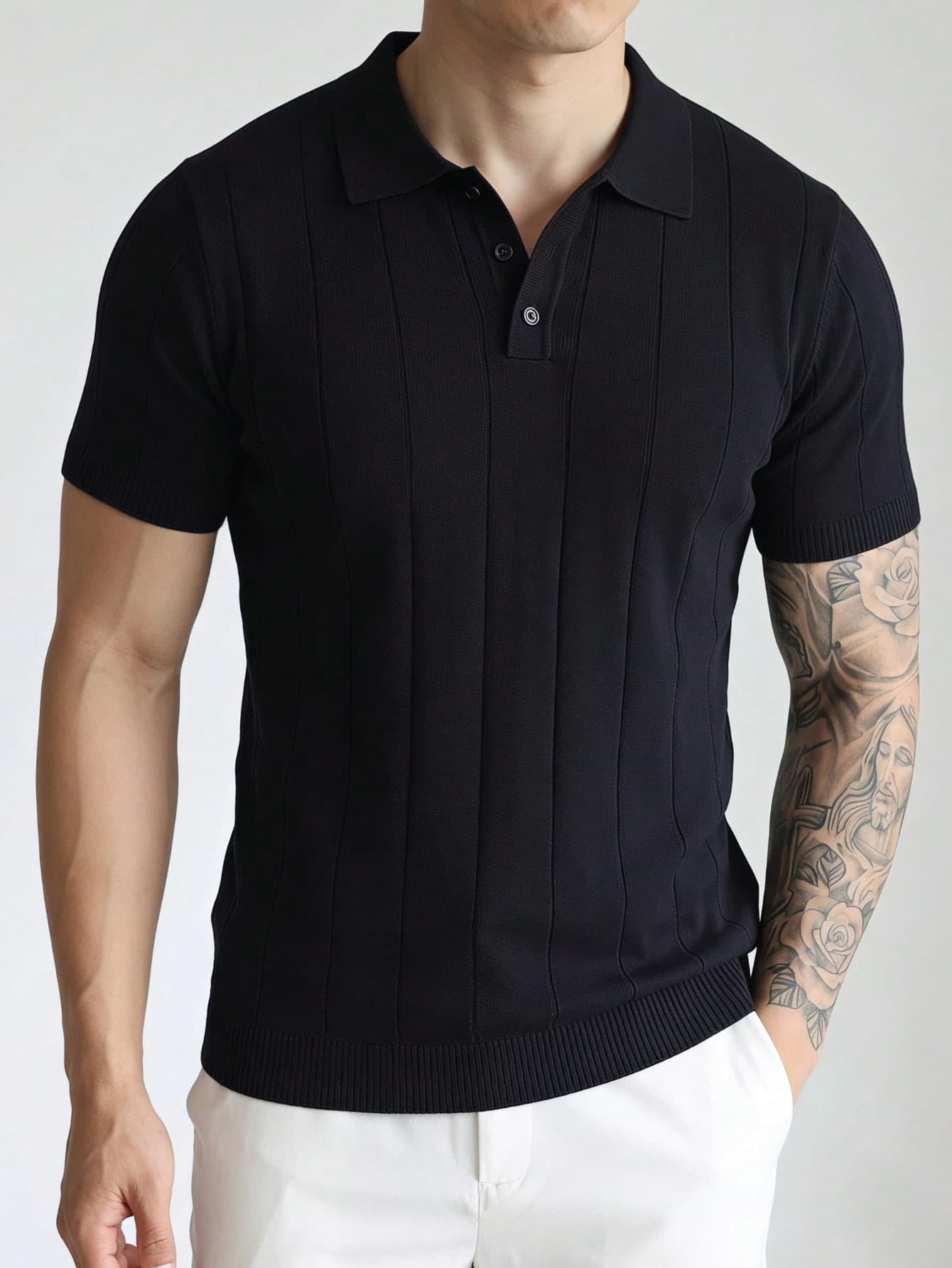 Men's Ribbed Polo Collar Knit Sweater, Retro Summer Casual Loose Thin Short Sleeve Pullover Top