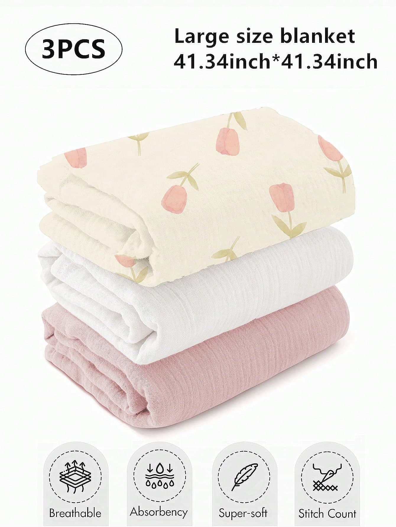 3pcs/Set Newborn Muslim Style Swaddle Blankets, 100% Pure Cotton Breathable Soft Receiving Blankets For Spring & Summer, Large Size 41.34 X 41.34 Inch Swaddle Wrap Cloth, Changing Clothes, Diapers, Baby Boy & Girl Essentials Bath Supplies, Toddler Gift