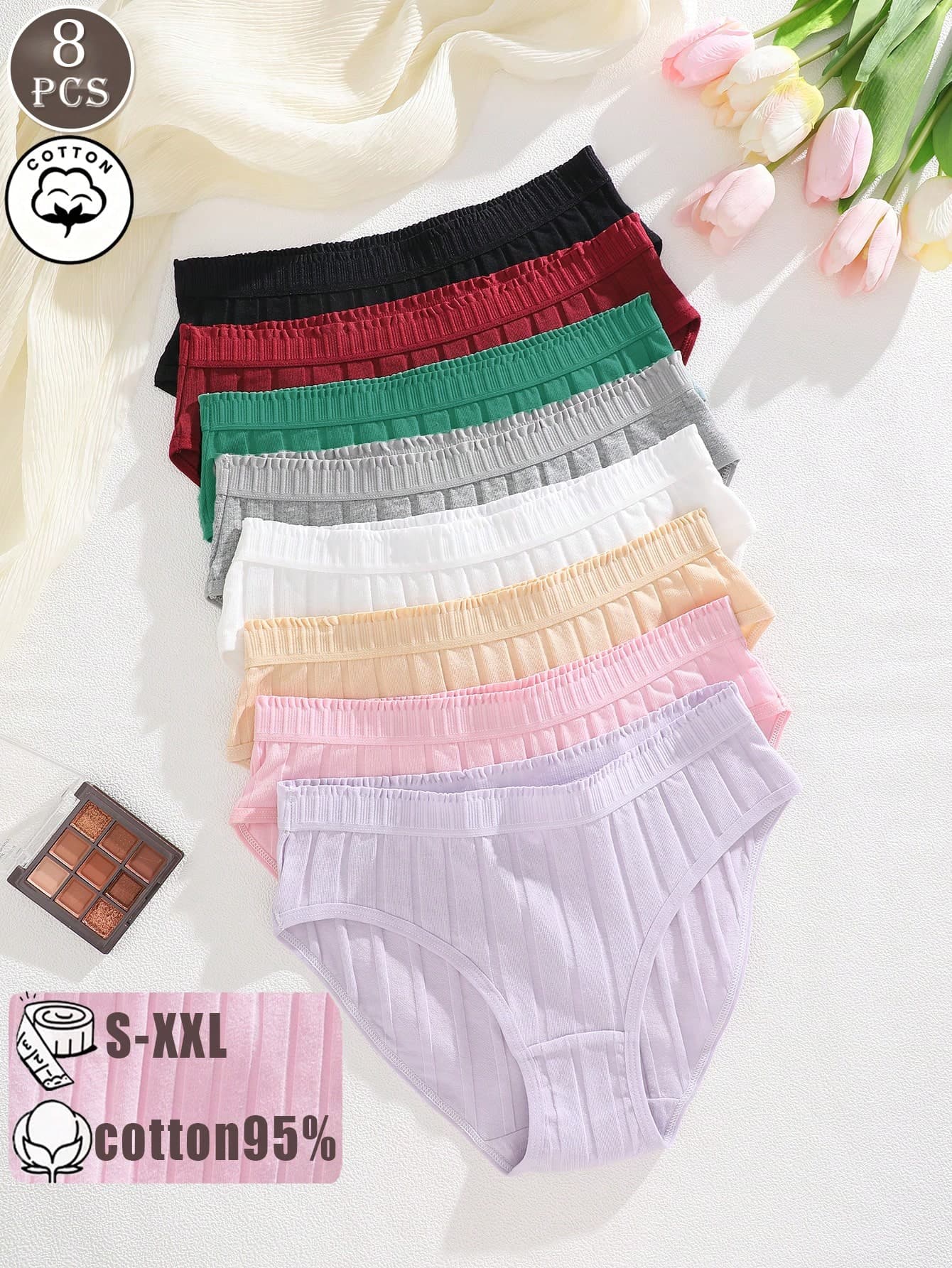 8pcs/Set Women's Cotton Macaron Color Floral Trim High-Cut Soft Comfortable Breathable Cotton Panties, Plus Size Underwear S-XXL