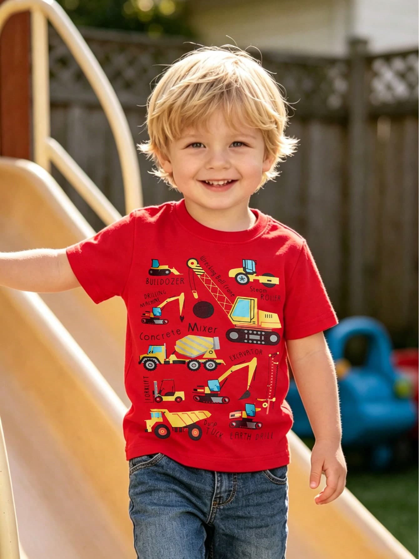1pc Young Boys Casual Excavator Cartoon Print Round Neck Short Sleeve T-Shirt, Fashionable For Spring/Summer