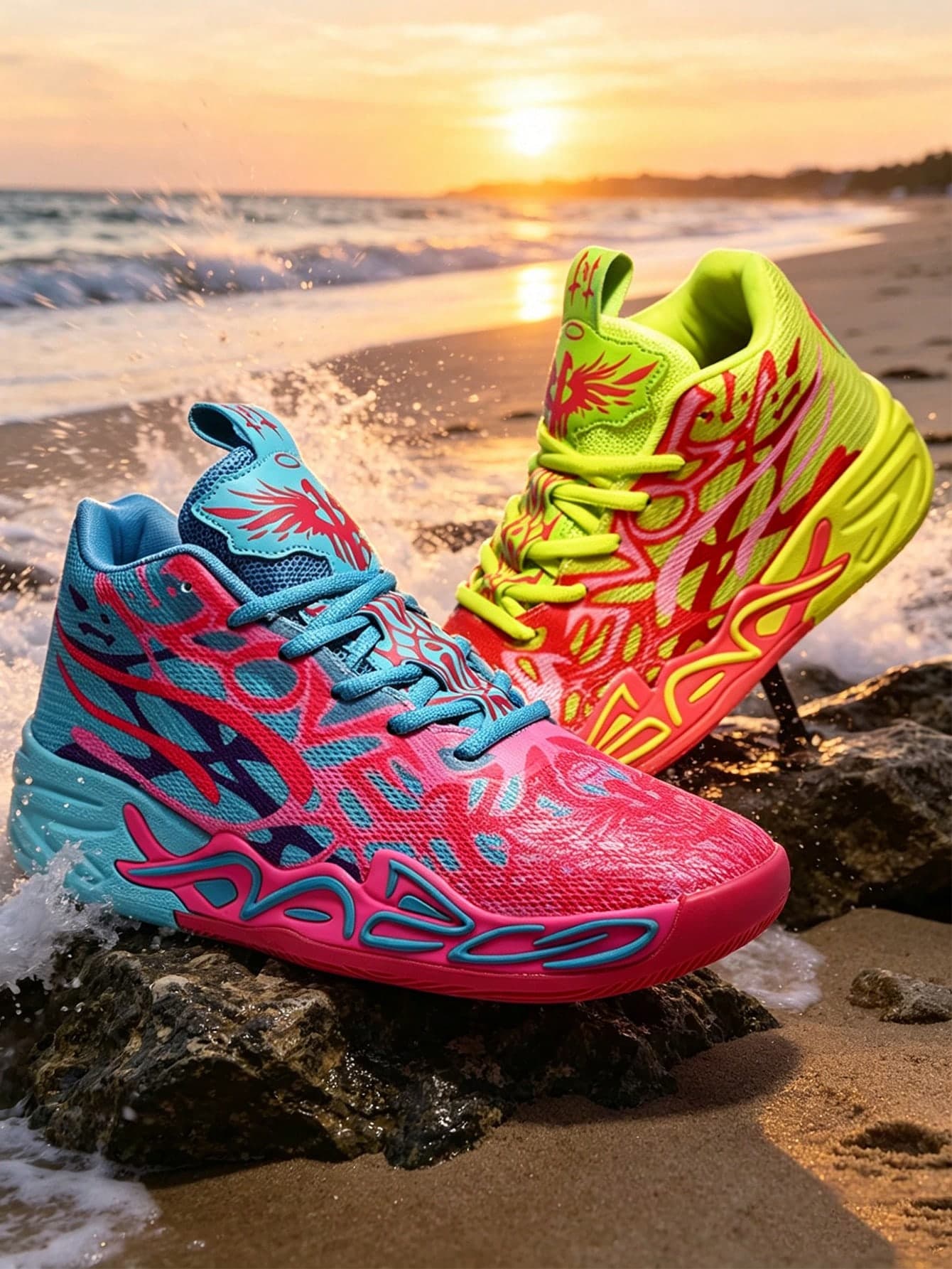 1 Pair Red Yellow Blue Camo Graffiti Dreamy Basketball Shoes, Campus Style Basketball Game Shoes, Training Shoes, Wear-Resistant, Non-Slip, Shock-Absorbing, Soft & Bouncy, Breathable, Comfortable, Random Color Matching For Left And Right Feet