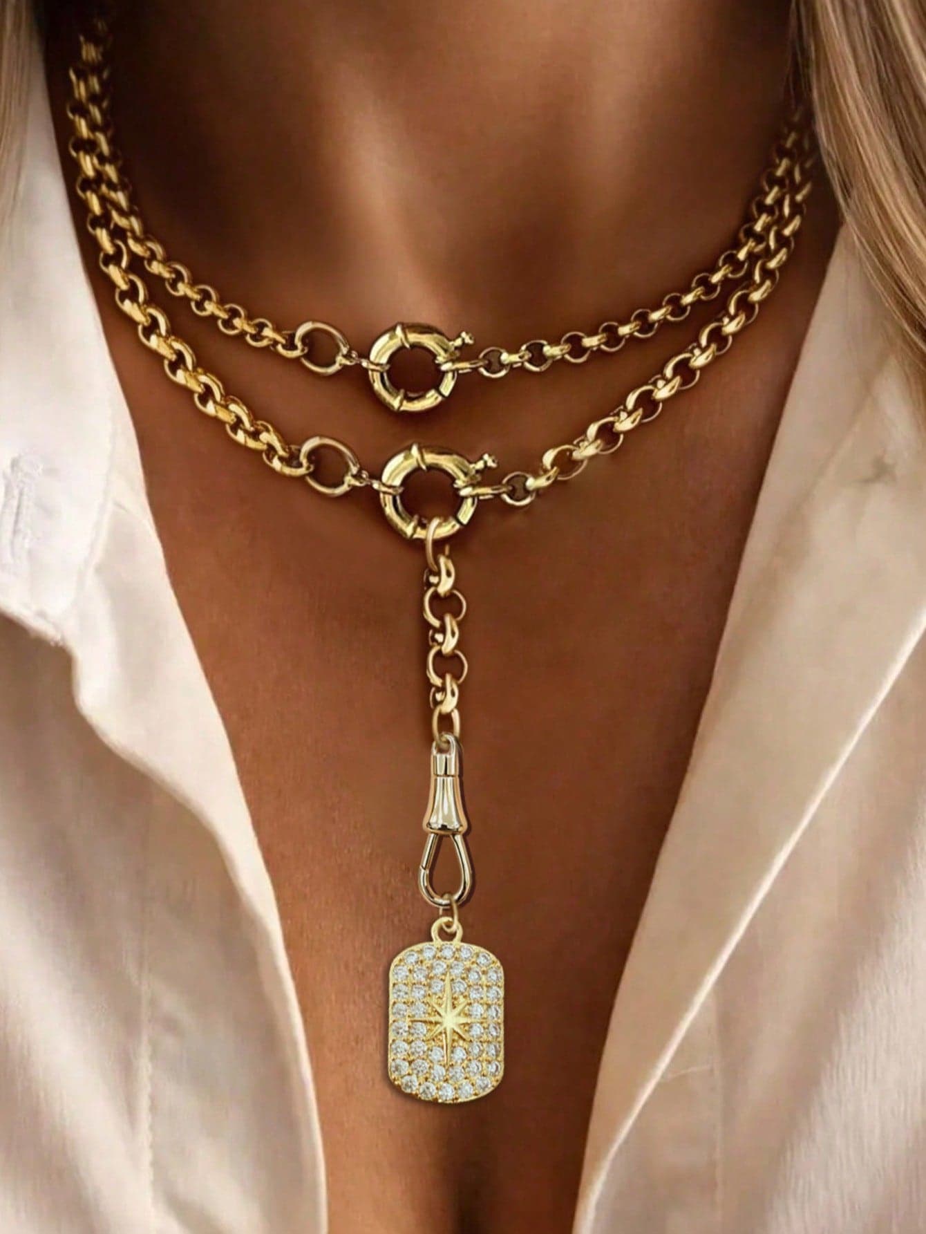 1PC Gold Doughnut Button With Lobster Shaped Pendant Necklace,Luxury Octagonal Star Pendant Chain,Stainless Steel Chain,Ladies' Exquisite Party Gifts