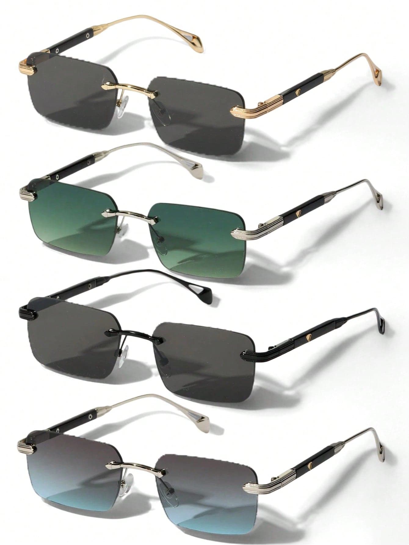 4pcs Men's Summer Rimless Travel Sunglasses With Heart Pattern Metal Thick Design Luxury Driving Fashion Glasses With Accessories (Free Glasses Rope)