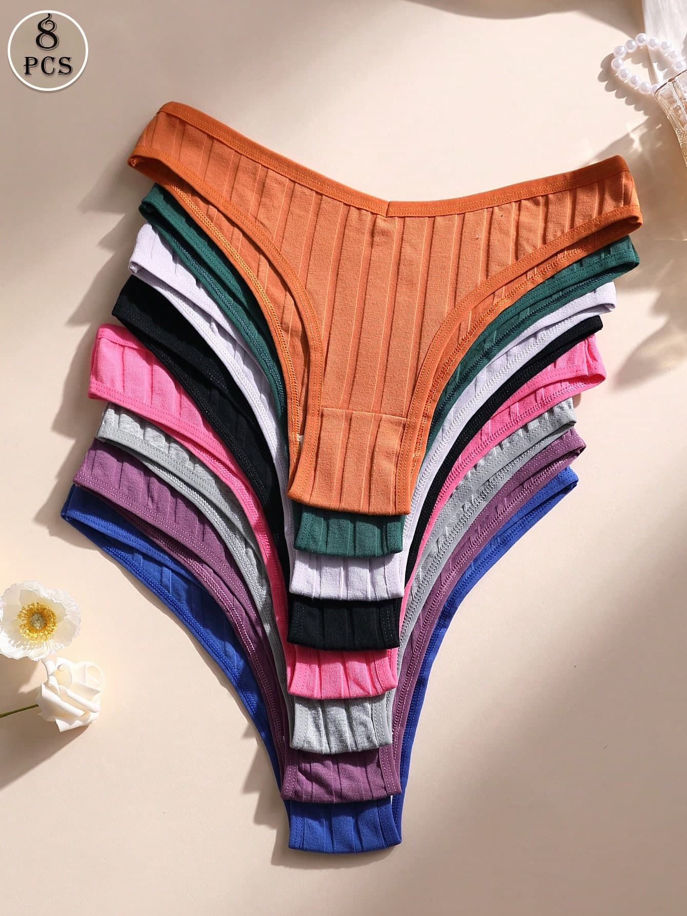 8pcs Women's Sexy Low Waist Seamless Panties, Soft Breathable Cotton Striped Underwear, Comfortable Daily And Sports Lingerie