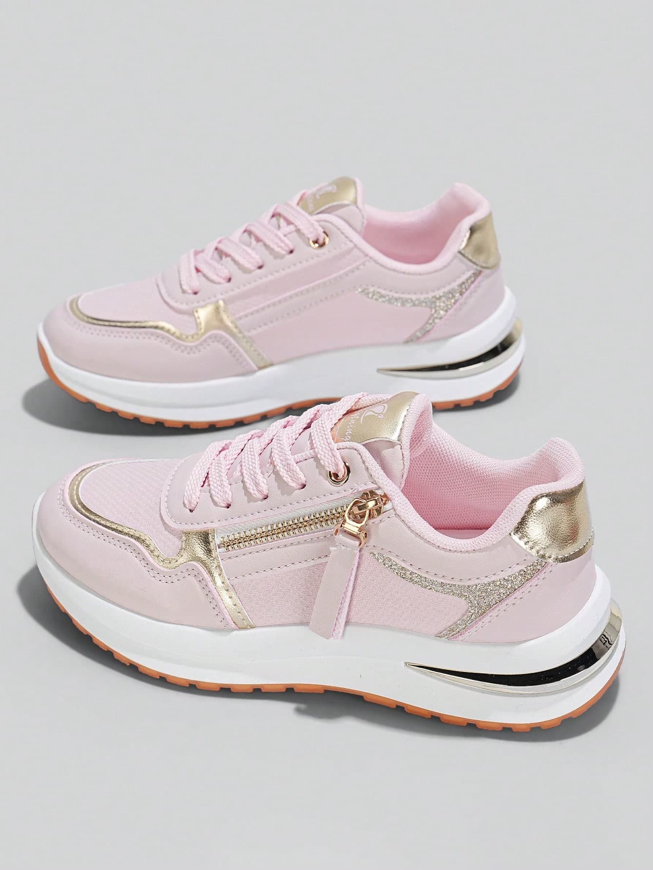 Flipark (Suggested To Choose One Size Up) 1 Pair Women's Sporty Cushioning Support Walking Shoes, Pink Zipper Decor PU Leather Flexible Durable Low-Top Casual Daily Walking Shoes