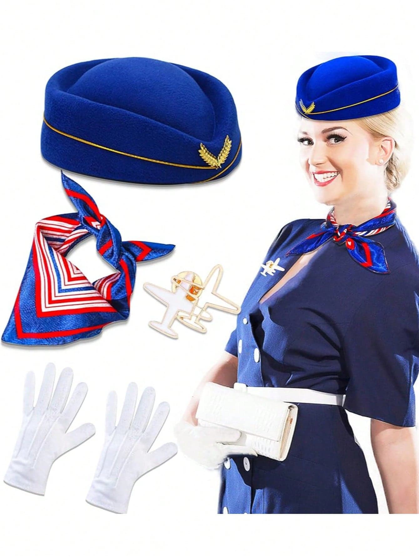 4pcs Flight Attendant Hat, Scarf, Gloves, Hat Accessories Set, Aviation Crew Captain Cosplay Props For Holiday Role Play