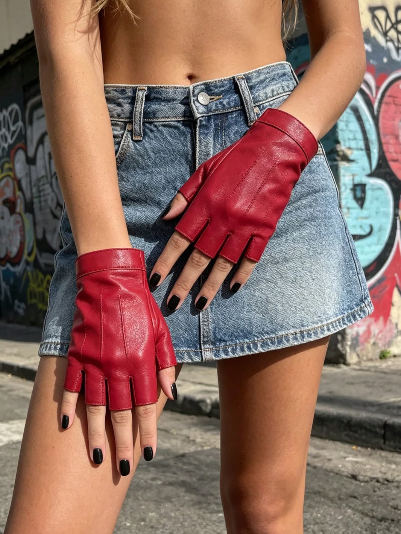 1 Pair/Unisex Fashion Red Half-Finger PU Gloves, Punk Nightclub Hip-Hop Performance-Photography-Dance/Warm Gloves/Suitable For Motorcycle Riding, Party, Pole Dance Nightclub Dance Performance, Wedding, Motorcycle Riding Driving Gloves
