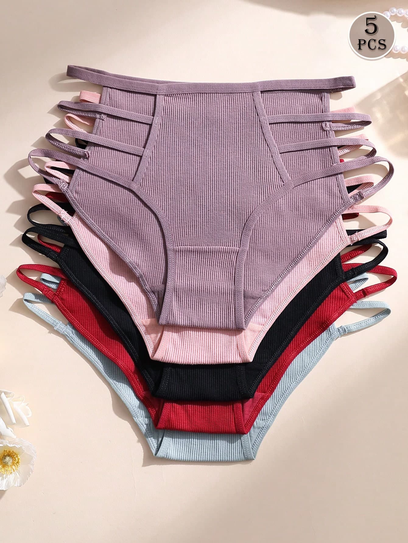 5pcs/Pack Women's Cotton Stretch Sexy Hollow Out Mid-Waist Comfortable Breathable Sports Panties