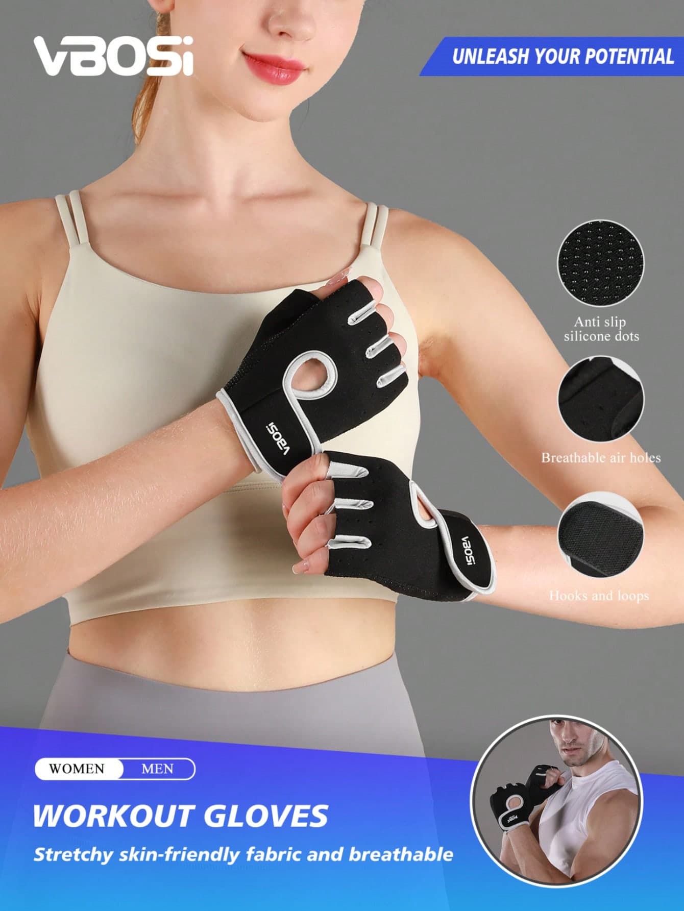 VBOSI 1 Pair Women Men Half Finger Adjustable Breathable Sports Gloves For Weightlifting Dumbbell Cycling Fitness Training