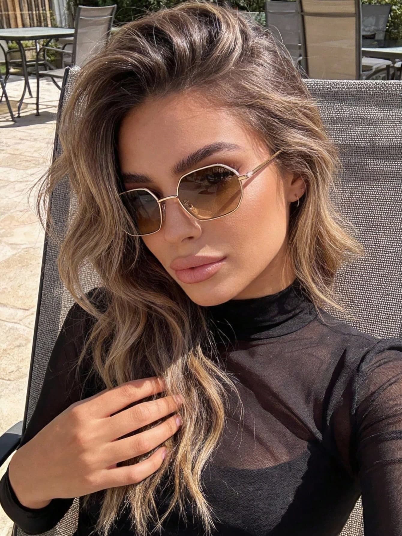 1 Pair Women's Metal Geometric Pattern Brown Personalized Sunglasses, Suitable For Outdoor Vacation, Hiking, Beach Street, Fashion Accessory For Summer Beach Vacation And Outdoor Travel, Retro Geometric Frame, Suitable For Outfits And Back To School Season