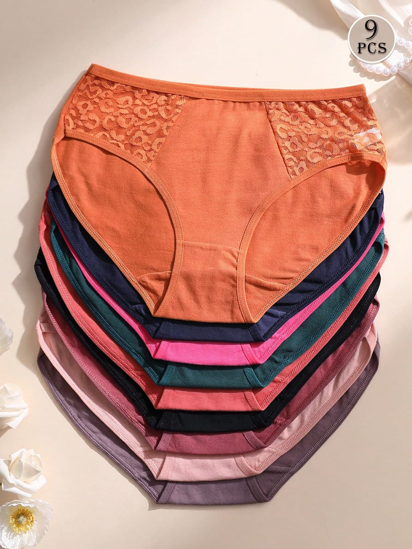 9pcs/Set Women's Sexy Lace Patchwork Solid Color Cotton Seamless Breathable Underwear