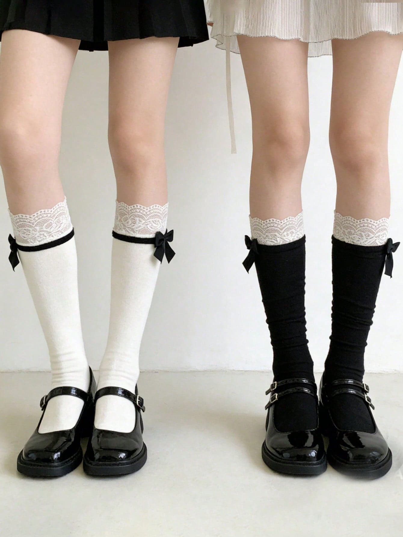 2 Pairs Women's Black & White Bow Lace Trim Calf Socks - Cute, Fashionable, Comfortable - Suitable For Daily Wear, Travel, Dresses, Back To School