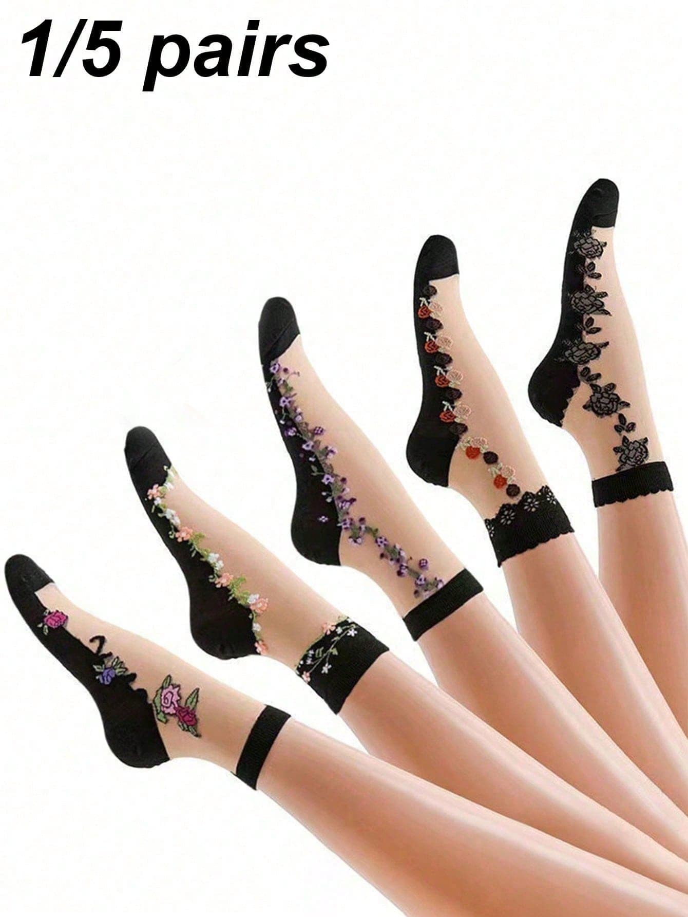 1/5 Pairs Women Thin Floral Print Mid-Calf Socks, Soft Breathable Durable Non-Slip, Suitable For Daily Wear