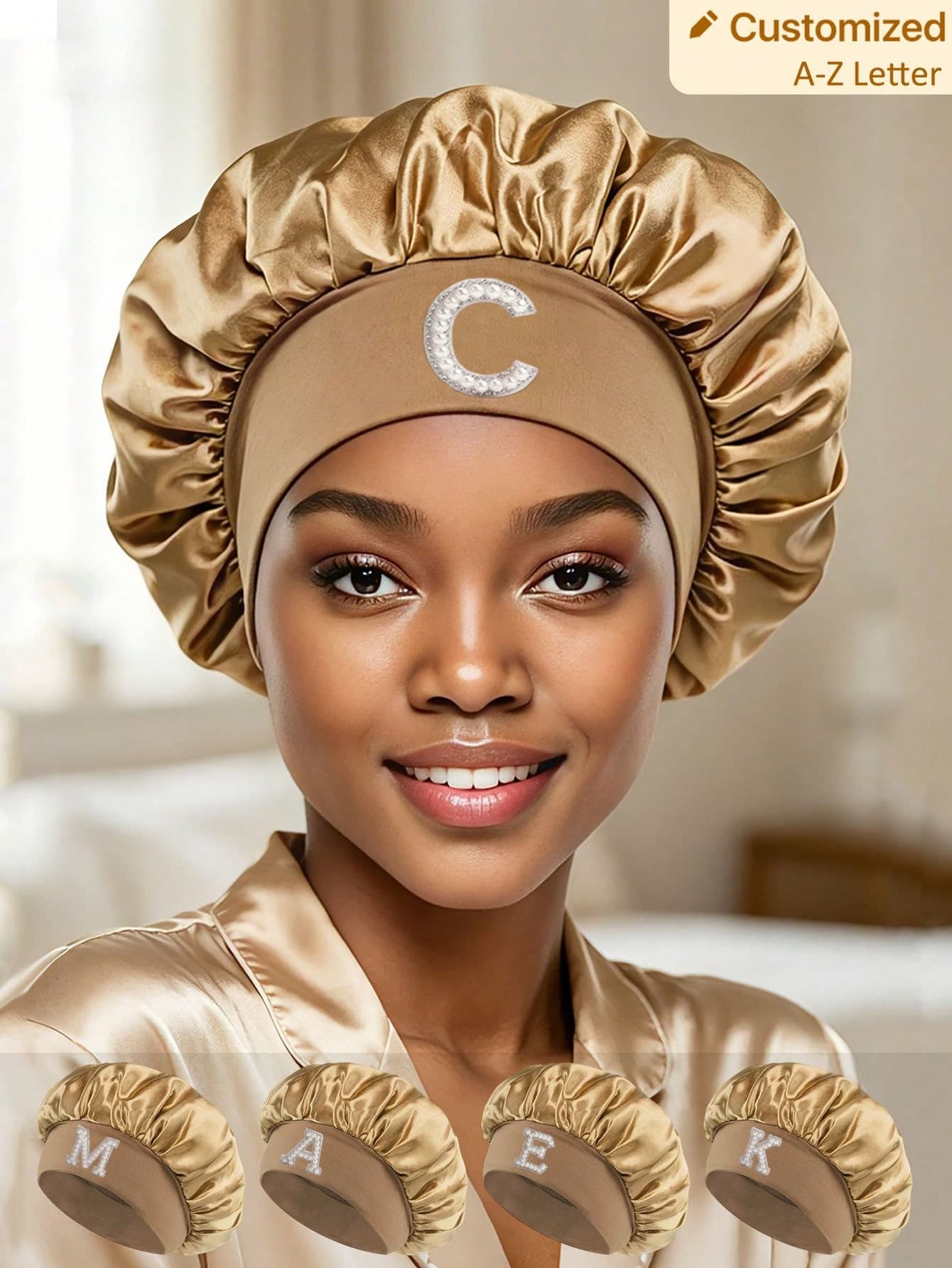 1pc Letter Print Cute Style Faux Silk Satin Sleep Cap/Shower Cap Round Hat, Silk Hair Cap, Suitable For Curly/Natural Braided/Straight Hair, Unisex