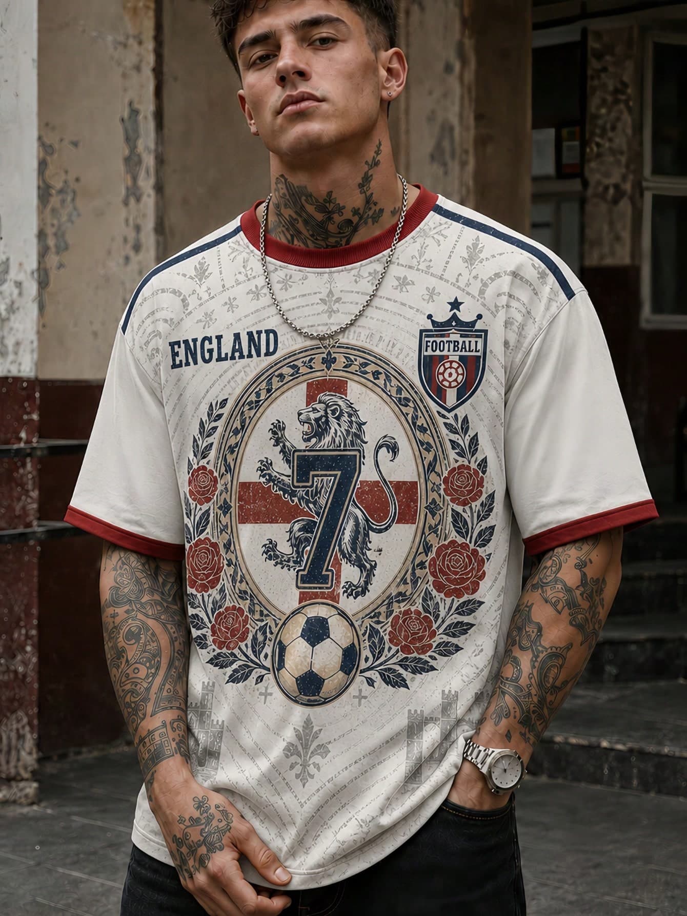 Fractyr Men's England No. 7 Lion Rose Cross Football Badge Print Trim T-Shirt, Cream With Red Trim Vintage Football Short Sleeve Top