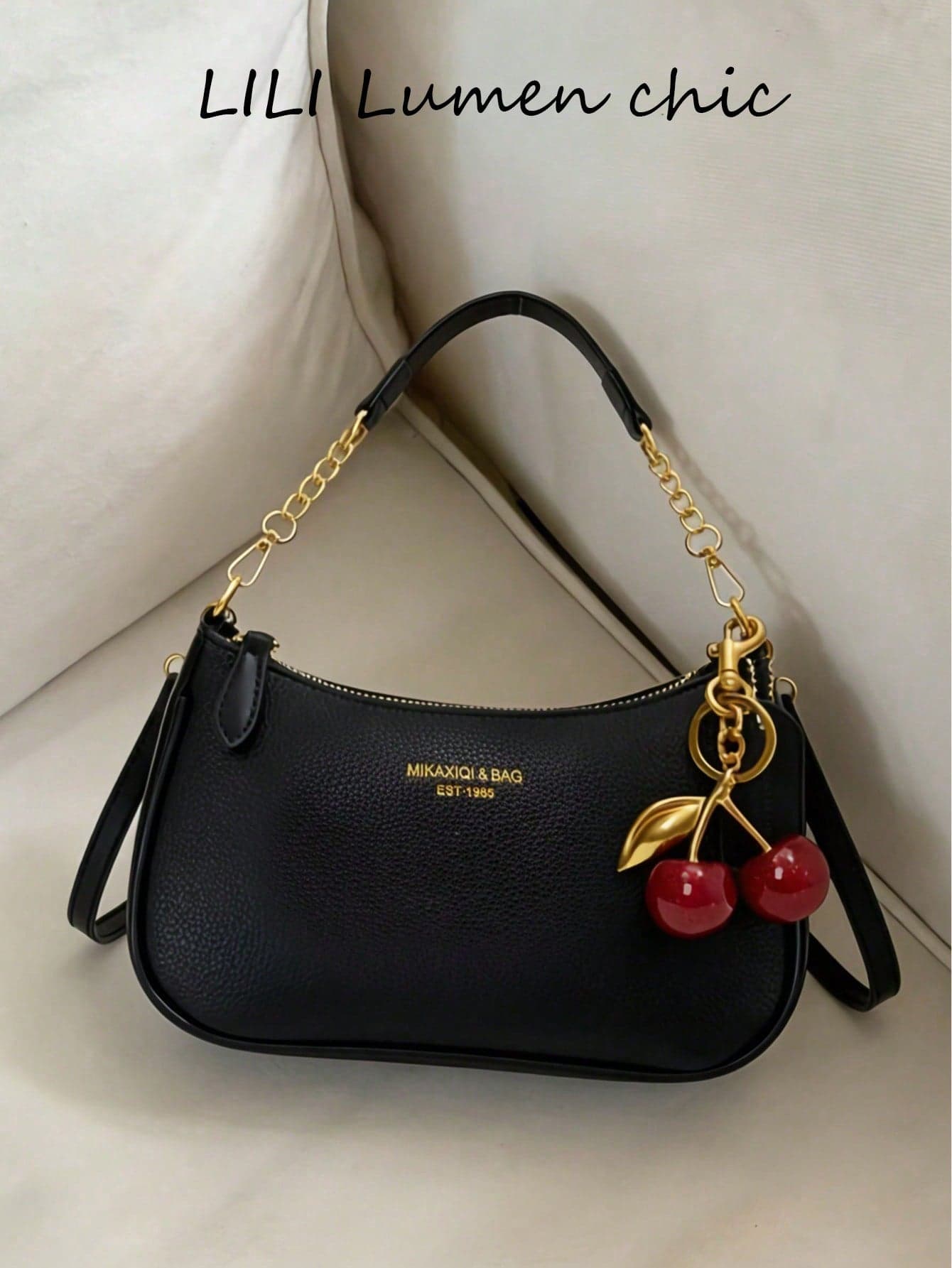 Letter Graphic Design Solid Color Waterproof PU Material Shoulder Bag  Decorated With Cherry Pendant, Summer Crescent Bag