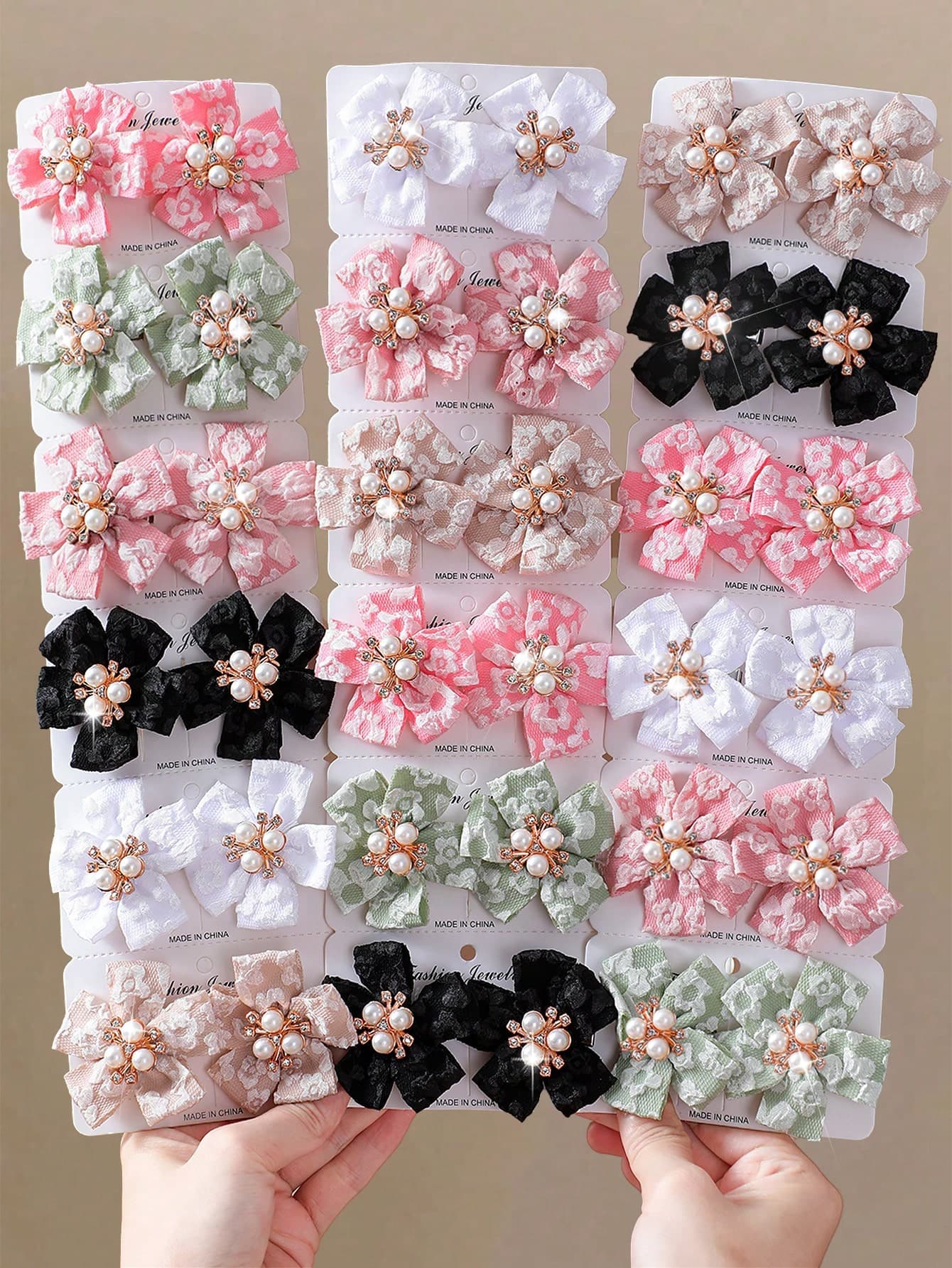 10pcs Girls Multi-Color 3D Floral Print Rhinestone & Pearl Five-Petal Flower Hair Clips, Back-Of-Head Snap Clips, Top & Side Clips, Alligator Hair Clips For Daily Wear
