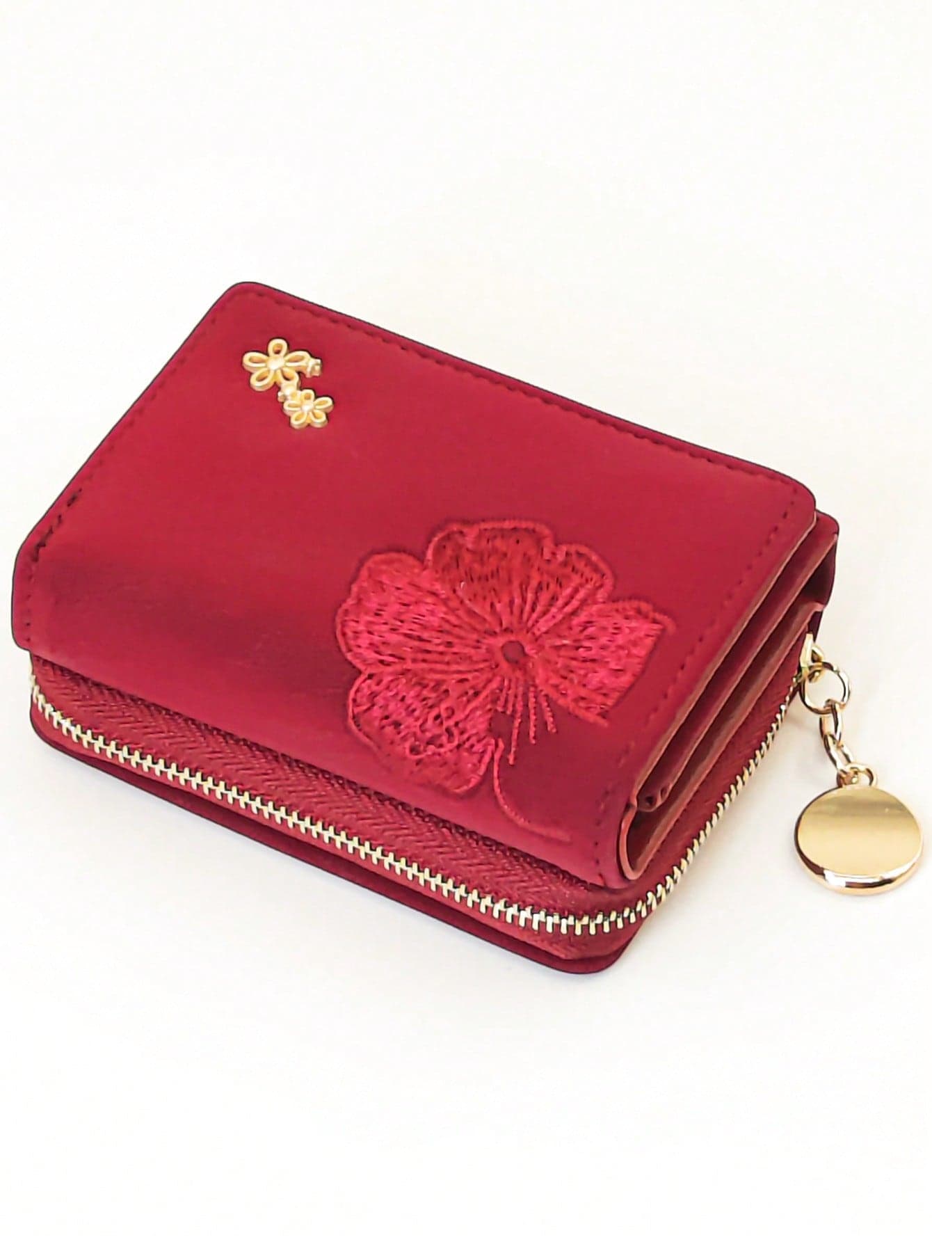 2026 New Upgraded Embroidered Clip-On Short Foldable PU Red Wallet, Sweet Cute Fashionable Youthful Zipper Large Capacity Card Holder Storage Card Wallet For Women, Small Wallet