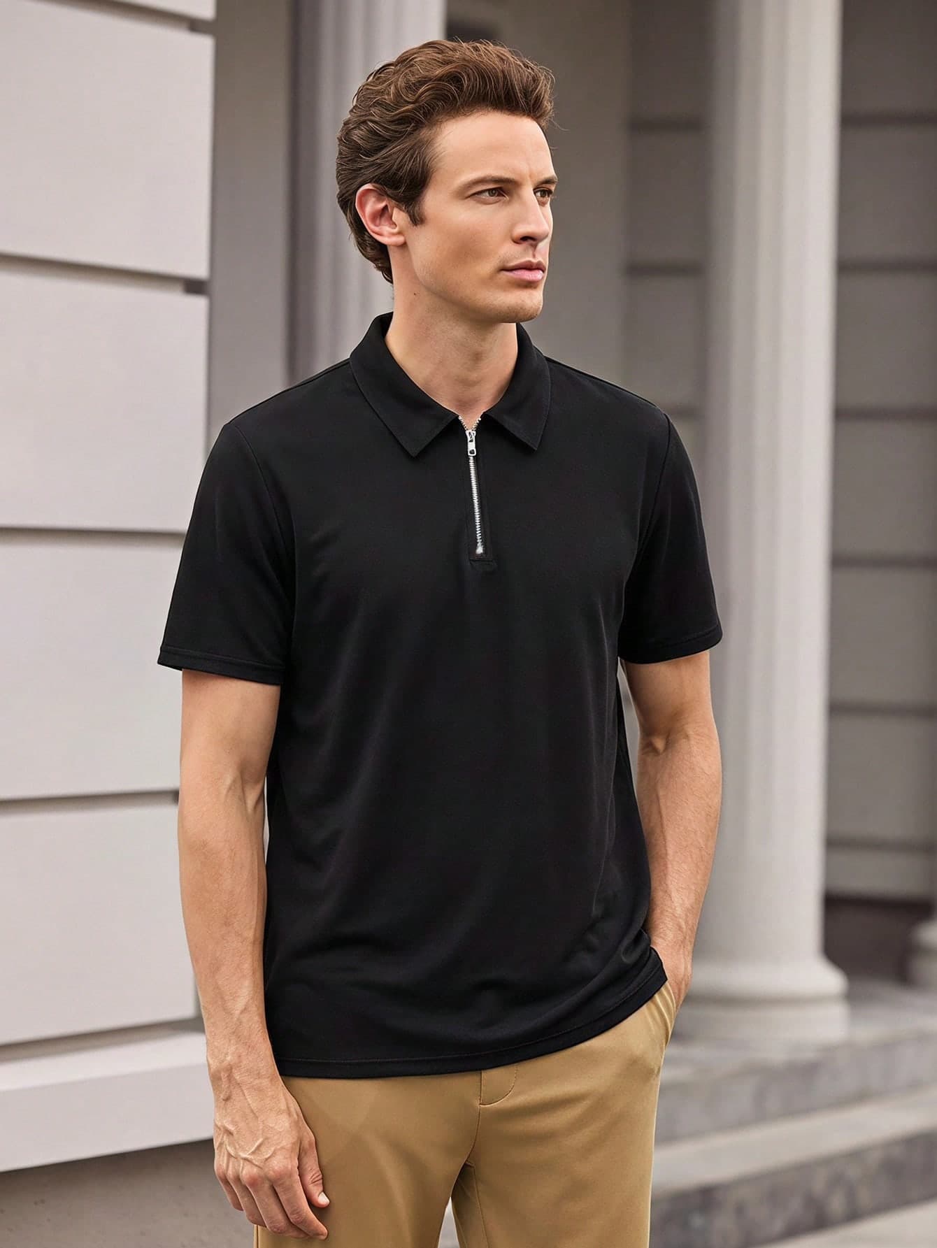 Officeau Men's Fashionable Minimalist Solid Color Zipper Short Sleeve T-Shirt, Summer