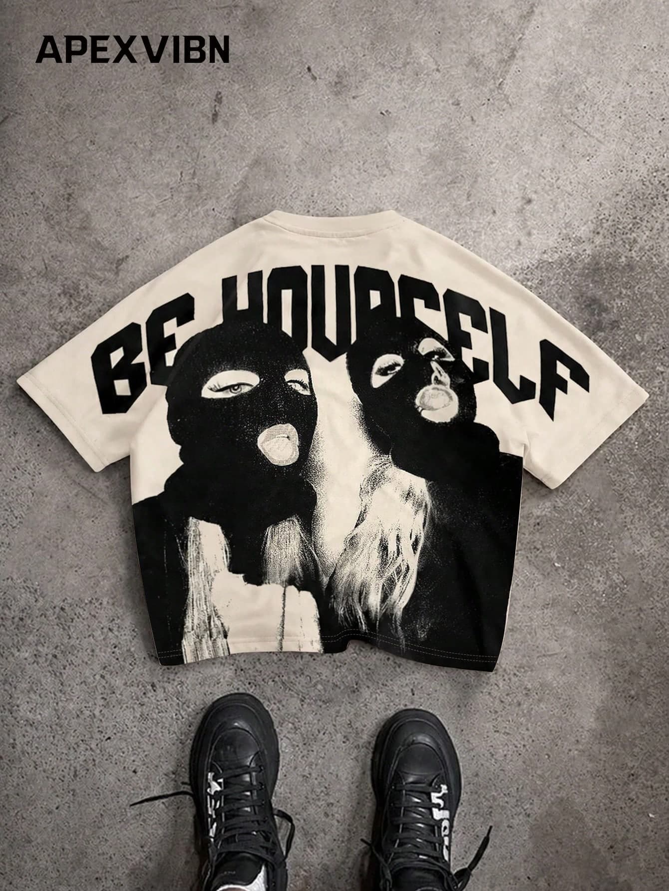 American Vintage Short Sleeve T-Shirt Unisex High Street Gangster Mask Portrait Print BE YOURSELF Letter Half Sleeve Distressed Beige Loose Fit Top Streetwear Niche Brand Heavyweight Cotton Tee Hip Hop Summer Versatile T-Shirt