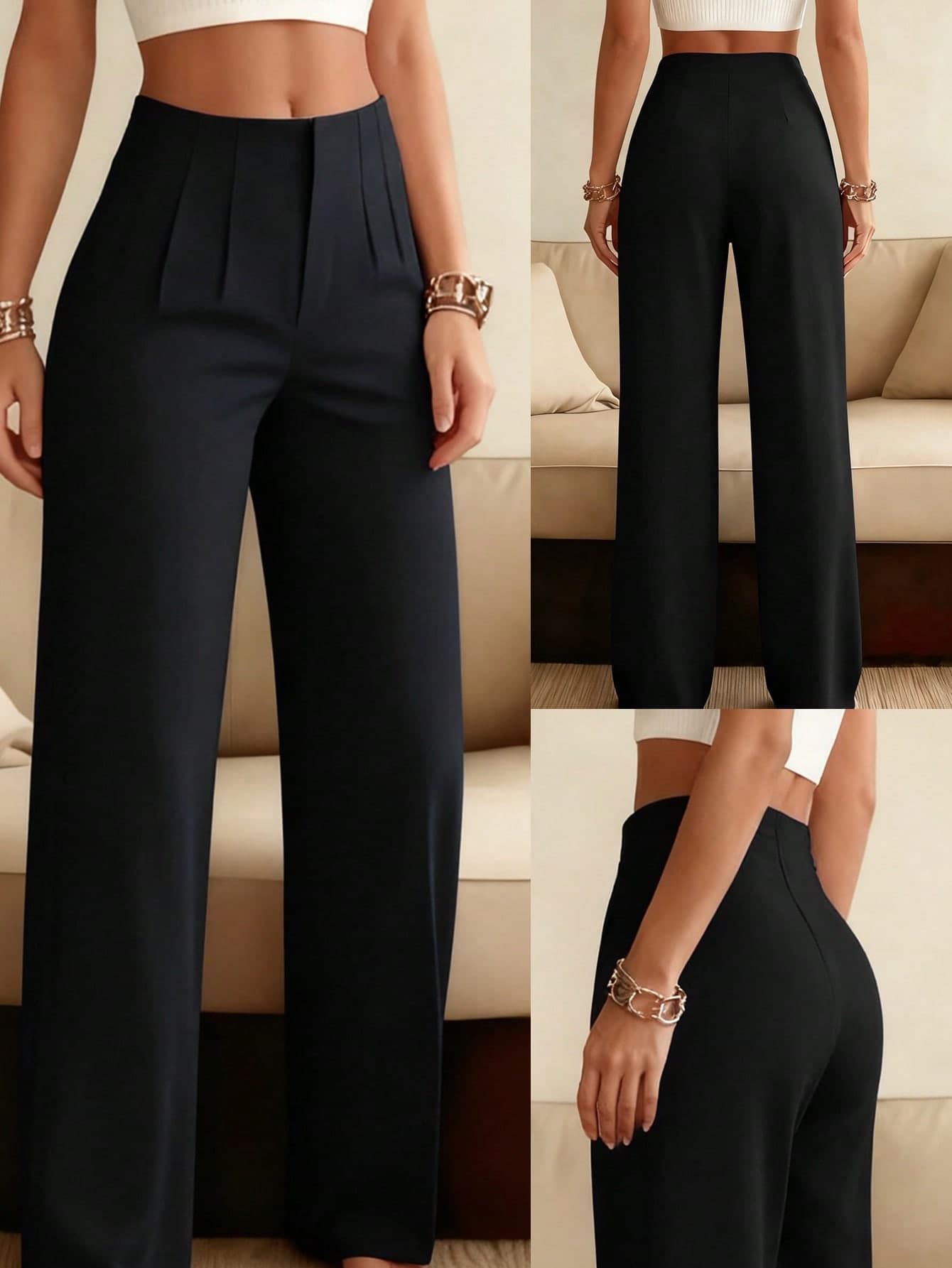 Women's Solid Color Wide Leg Straight Casual Pants, Minimalist Business Versatile Commuter Trousers Spring Black
