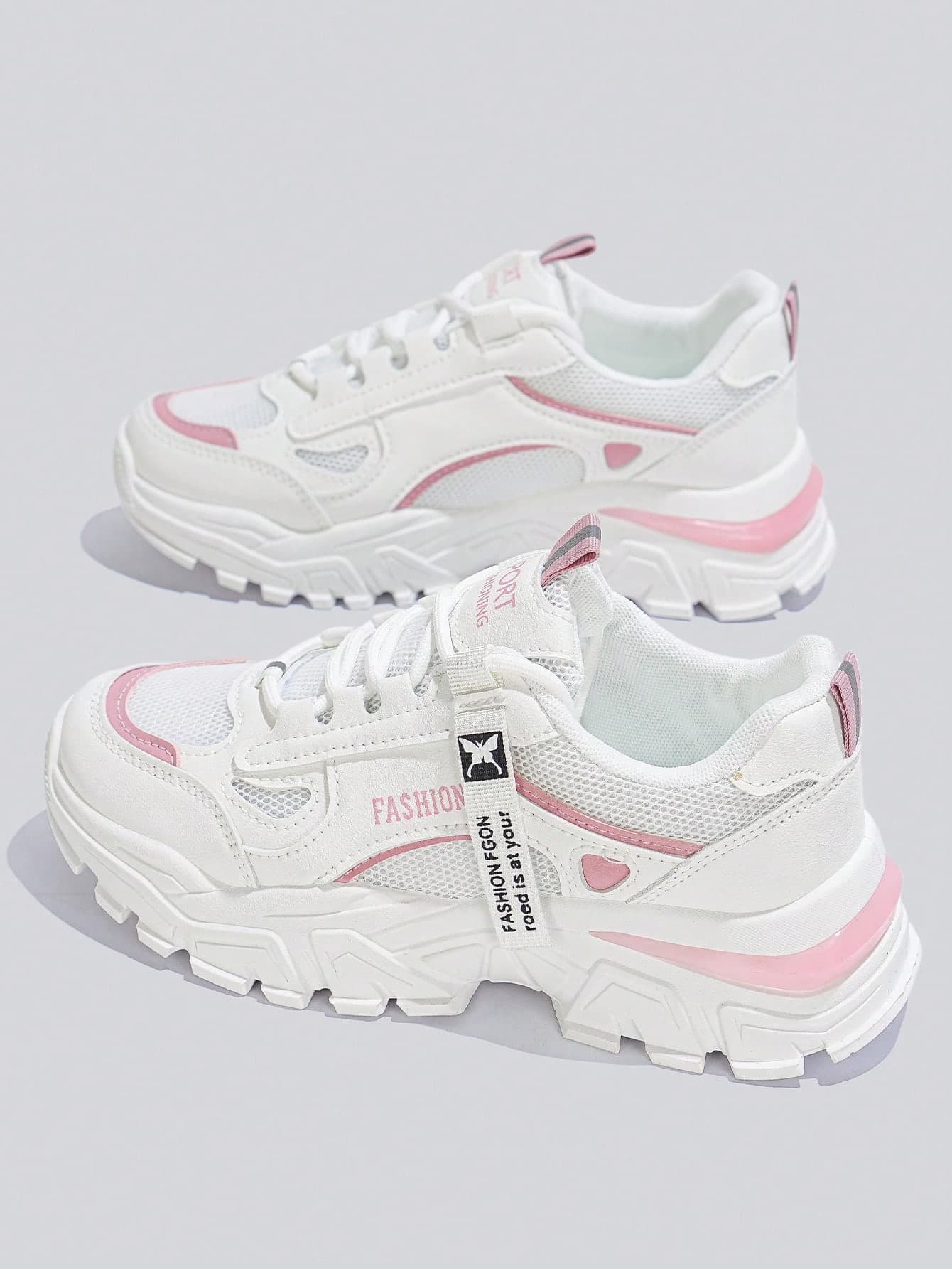 Flipark Women's Thick Sole Sneakers, Pink & White Mesh Casual Shoes, New Breathable Comfortable Daily Commute