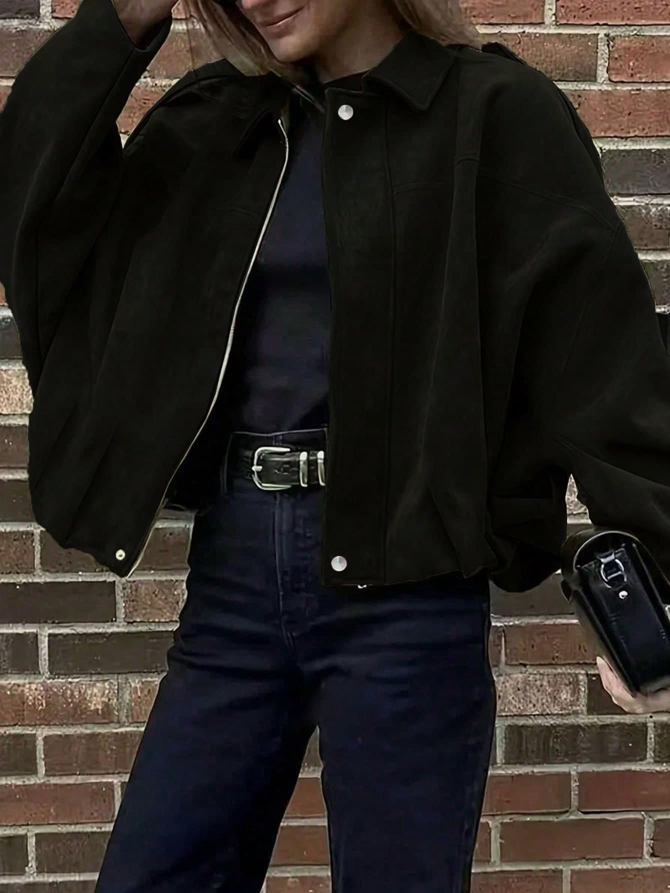 Women's Plus Size Black Faux Suede Jacket, Dropped Shoulder Long Sleeve, Silver Zipper Detail, Drop Shoulder, Four-Button Hem Pleated Cuffs, Fashionable Soft Fabric, Street Style, Comfortable Loose Fit, Lightweight Jacket Outerwear For Spring, Autumn, Winter