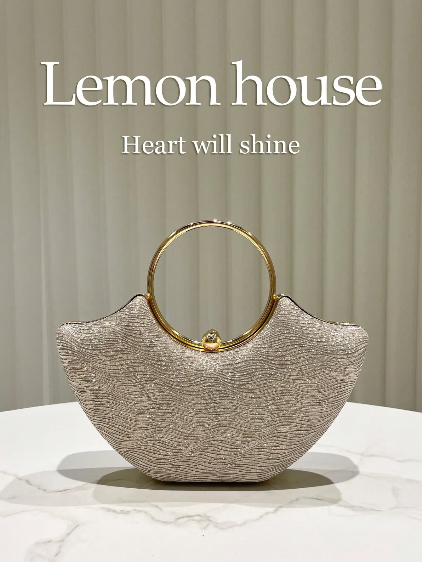 1pc Gold Glitter Water Ripple Evening Bag, Round Handle Fan-Shaped Handbag, Fashionable Elegant Clutch Bag For Evening Party, Wedding, Ball, Cocktail Party, Suitable For Women