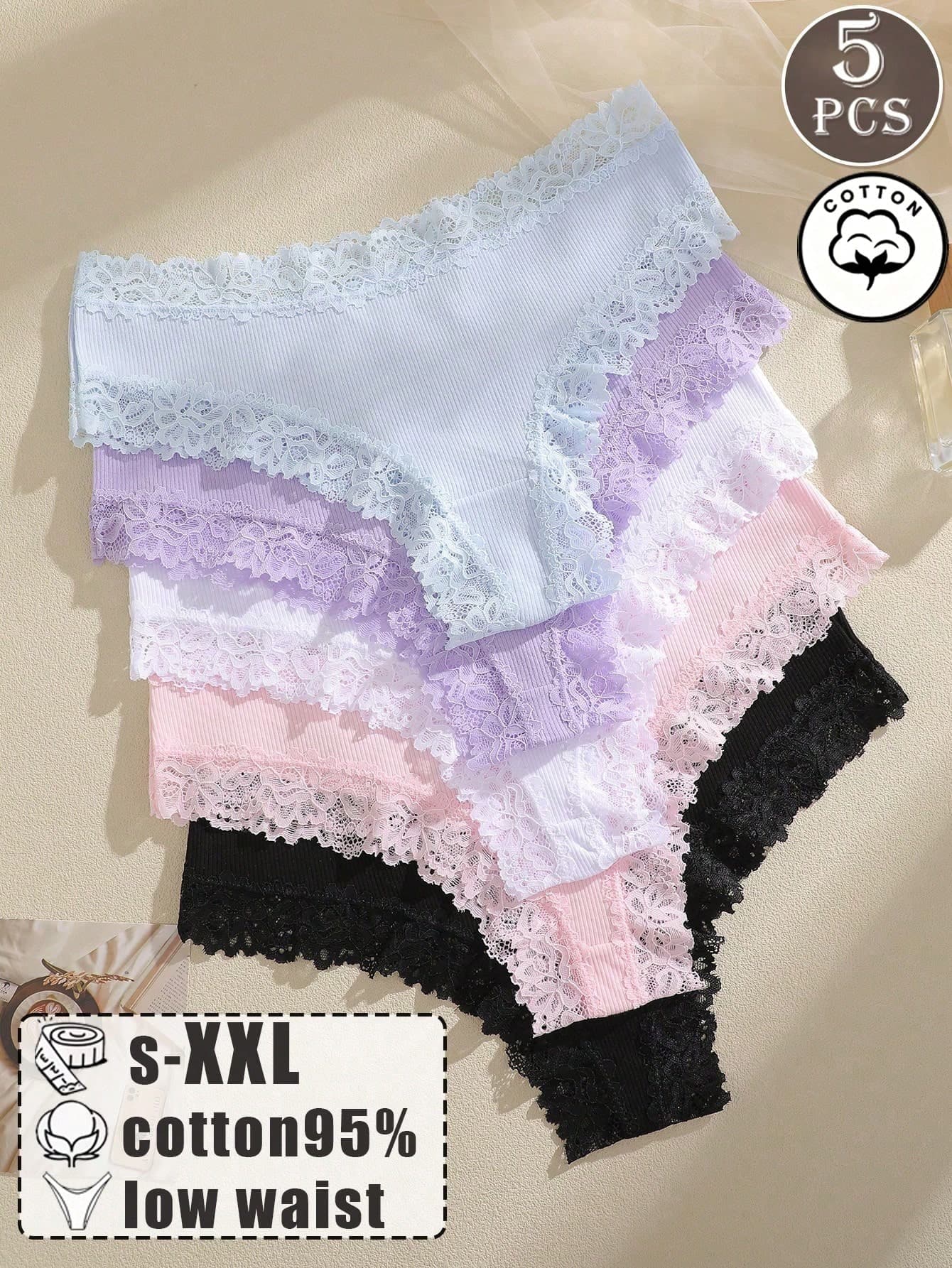 5pcs Women's Solid Color Comfortable Lace Trim Bikini Panties