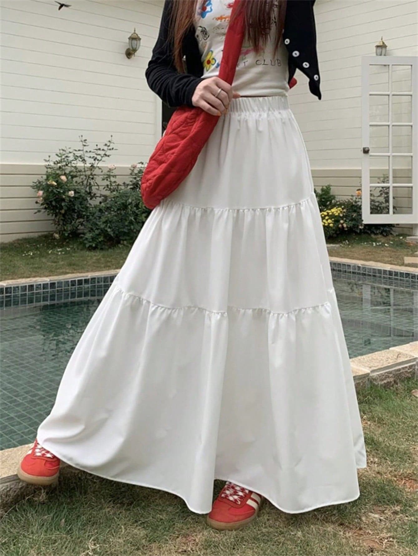 White Elastic Waist High Waist Slimming A-Line Midi Length Fluffy Tiered Cake Skirt For Women Summer Outfit