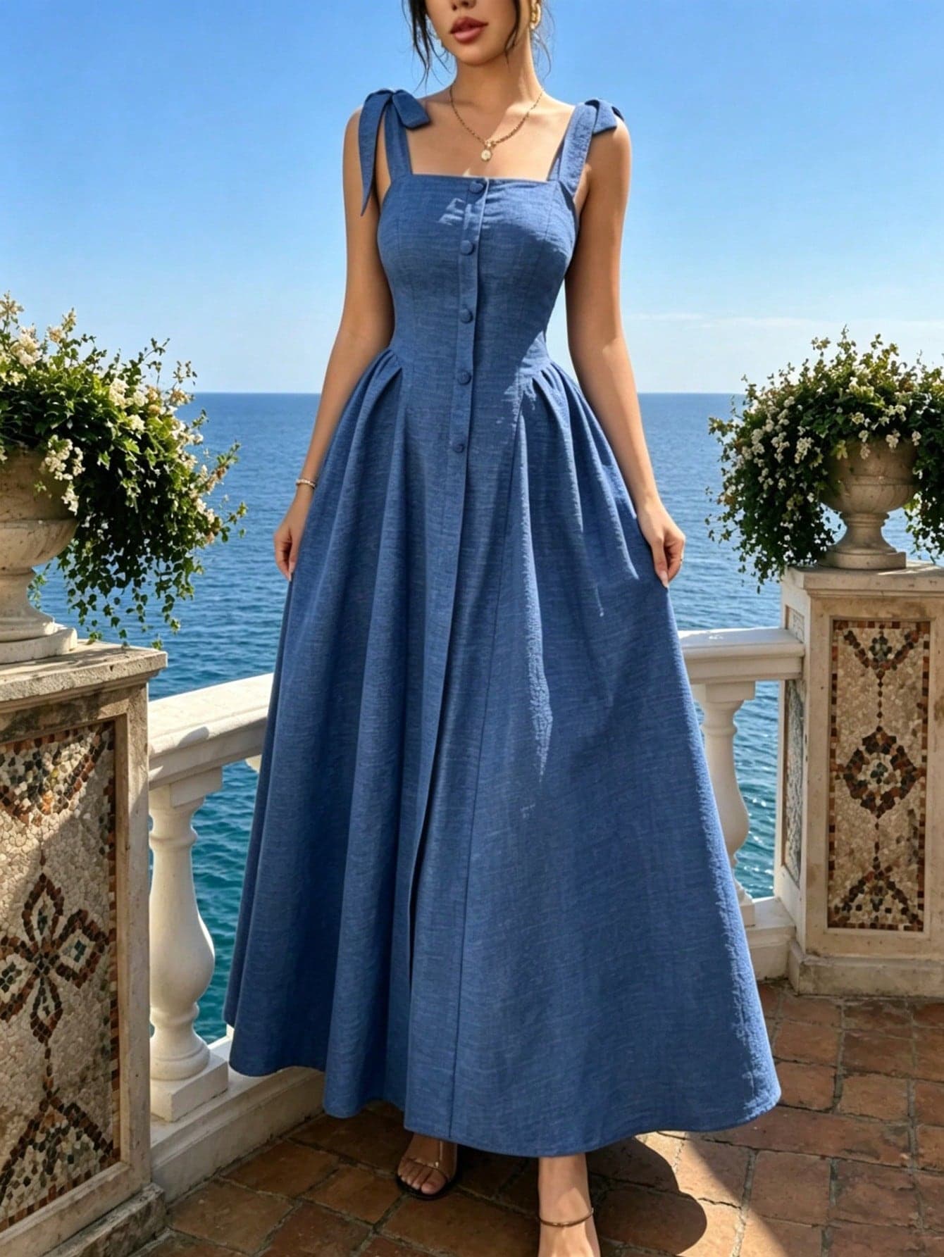 Blue Bow Strap Midi Dress, Square Neck Front Button Pleated Flowy Long Sundress For Women, High Waist A-Line Vacation Beach Dress