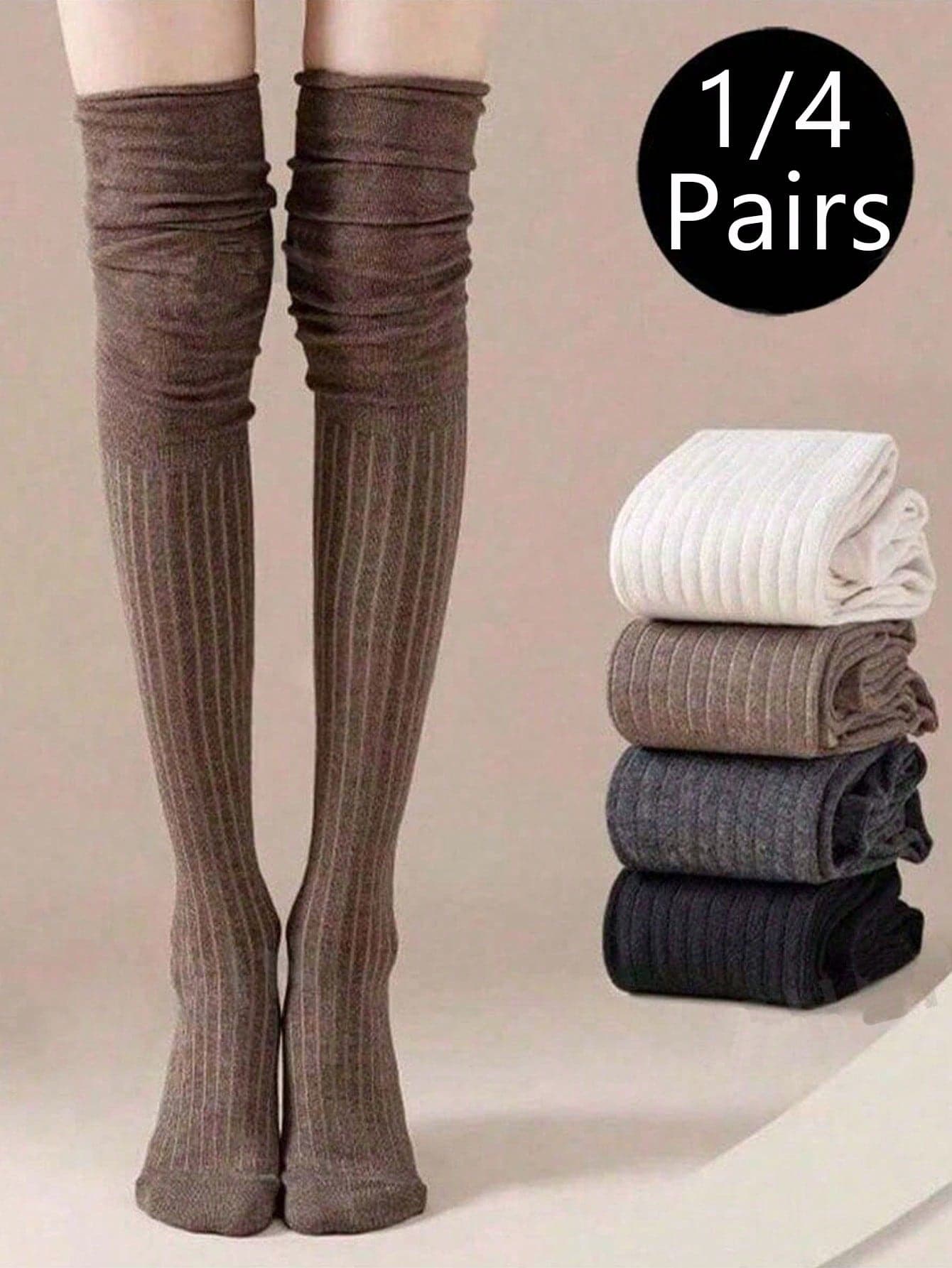 1/4 Pairs Comfortable Over-The-Knee Socks, 4 Colors Available, Women's Comfortable Over-The-Knee Socks, Striped And Solid Color, Sexy, Polyester Material, Ribbed Texture, Autumn/Winter Long Socks, Versatile JK Style Casual Socks, Comfortable And Warm