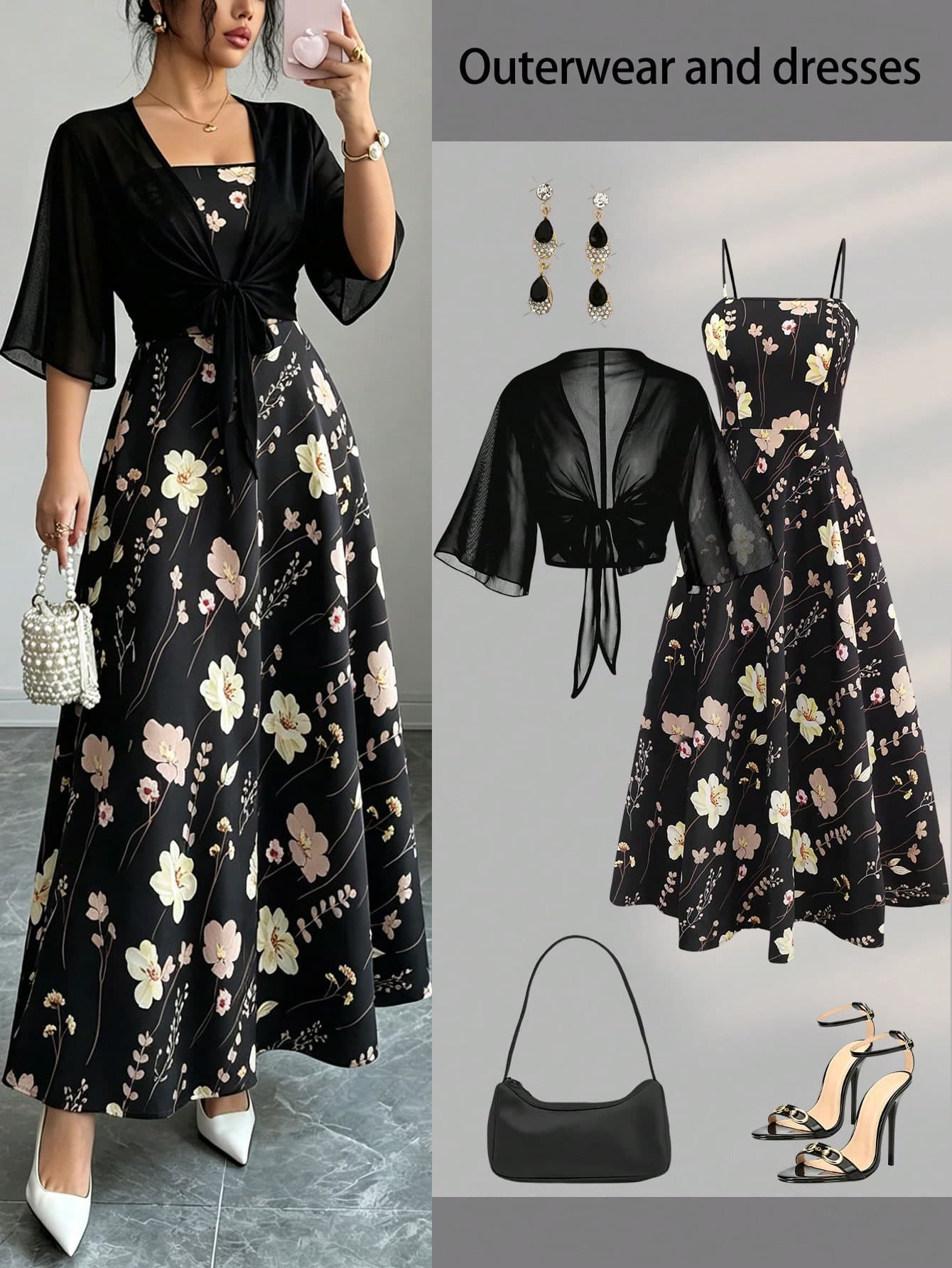 Women's Elegant Sunflower Print Chiffon Dress & Jacket Two Pieces Set, Graceful Beach Resort Outfit Vacation Spring Black Summer