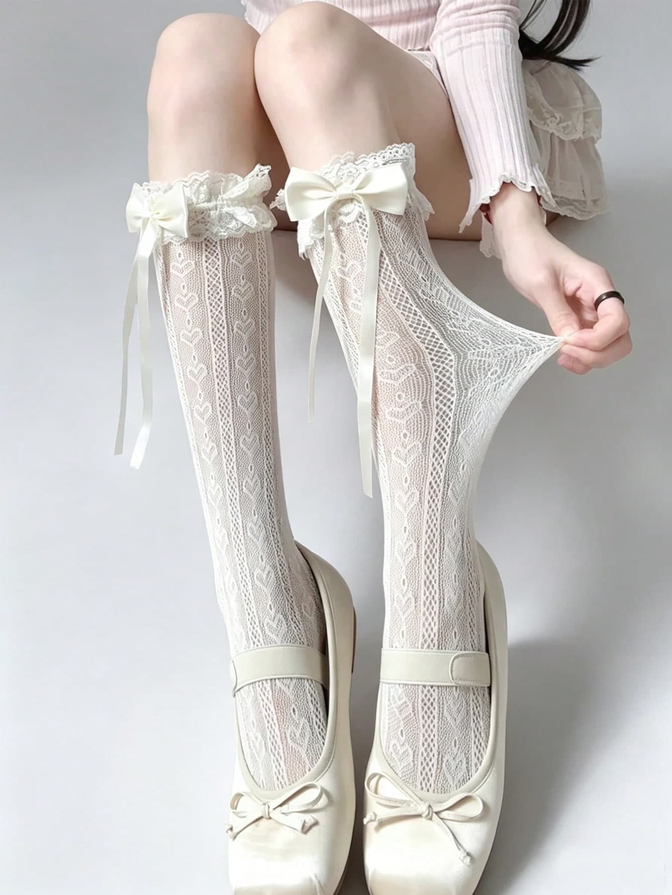 STAR RIVER 1Pair Japanese Style Lolita Lace Trim Knee High Socks, Thin Leg Warmers For Women, Bowknot Lace Hollow Heart Leg Warmers, Elegant Gothic
