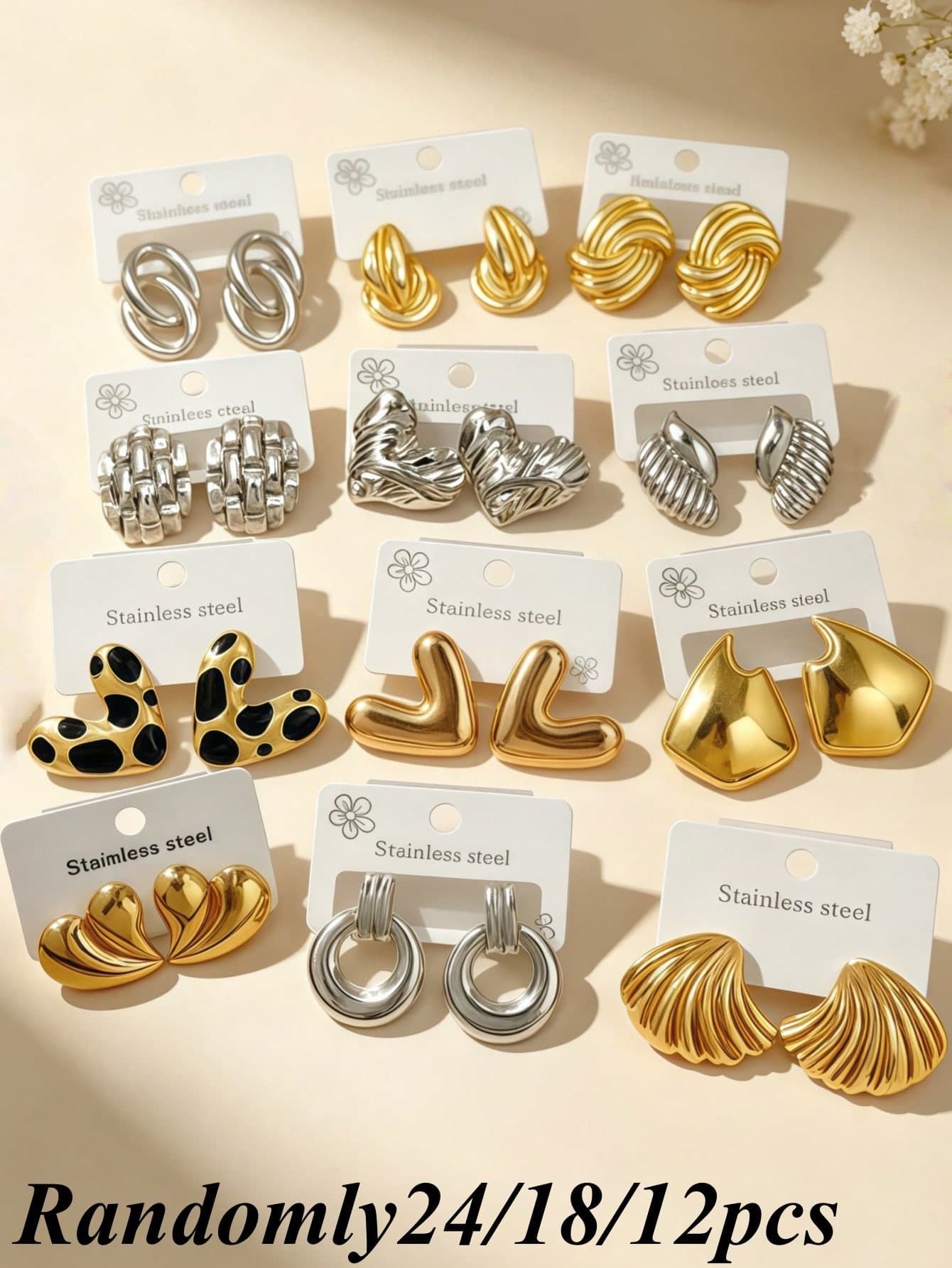 24/18/12pcs Premium Stainless Steel Earrings Set, Exquisite Elegant Women's Earrings Set, Styles Include Water Drop, Heart And Asymmetric Geometric Design Earrings. Lightweight And Hypoallergenic Earrings. Colorful Earrings. Gold Earrings. Gold Jewelry. Elegant Daily Wear Enamel Earrings, Ideal Valentine's Day Gift. (Randomly Shipped)