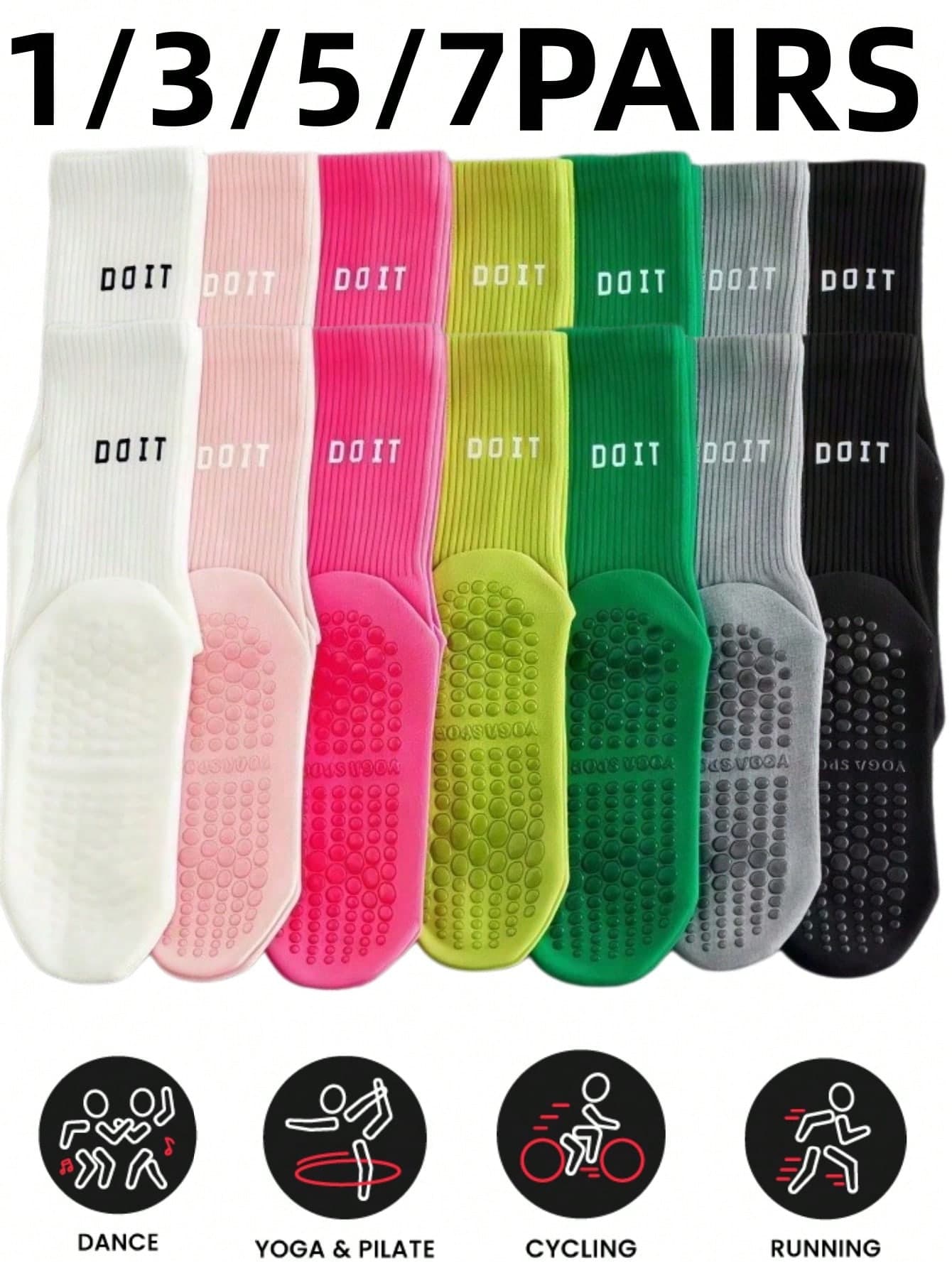 1/3/5/7 Pairs Multi-Color Women's Dopamine Letter Pilates Yoga Socks, Non-Slip Silicone Grip Pilates Fitness Breathable Round Socks, Suitable For Hospital Exercise, Yoga Pilates, Gym, Indoor/Outdoor Sports