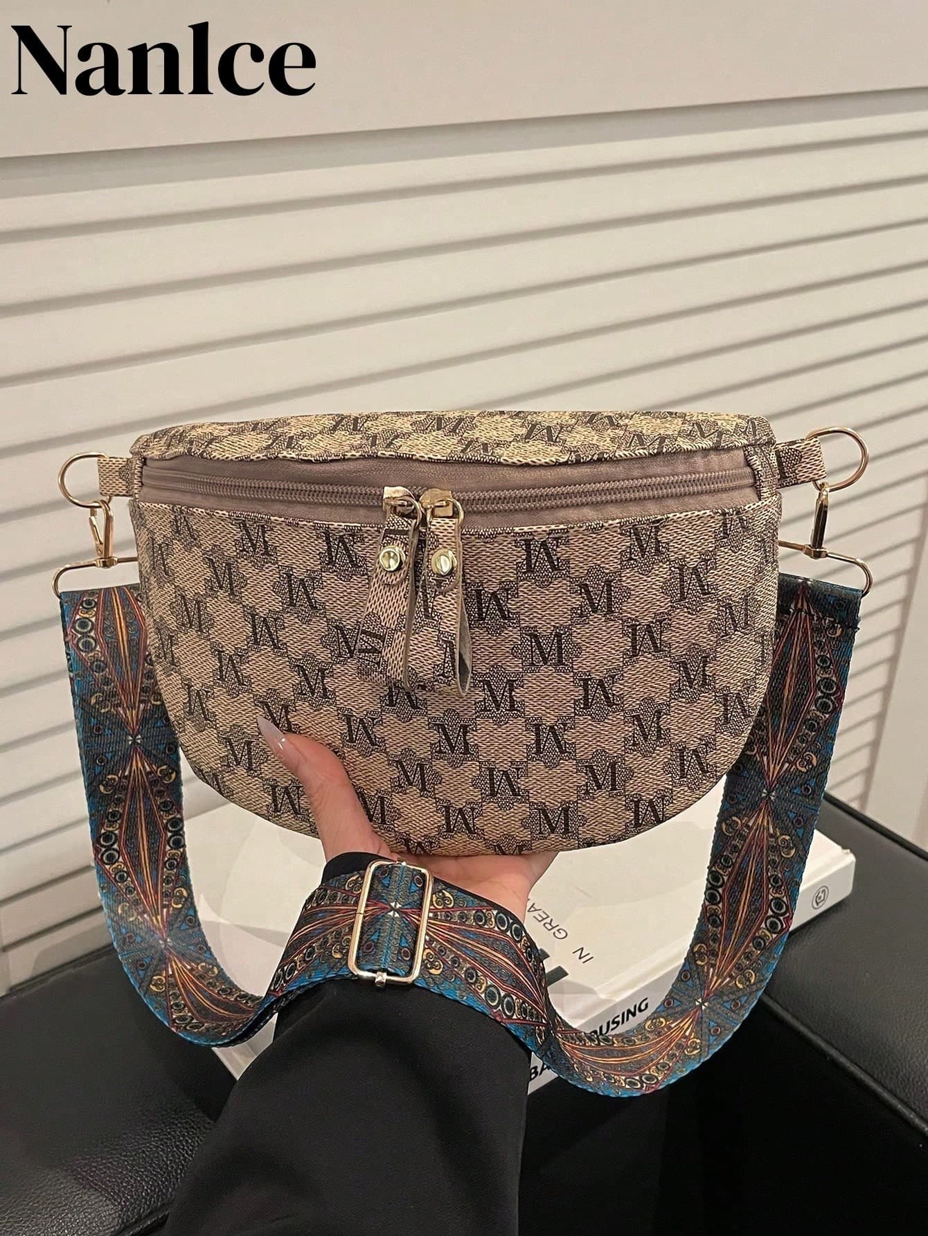 Vintage Letter Print Waist Bag, Retro Wide Strap Crossbody Chest Bag, Fashion Large Capacity Zipper Fanny Pack, Casual Daily Sling Shoulder Bag For Wo