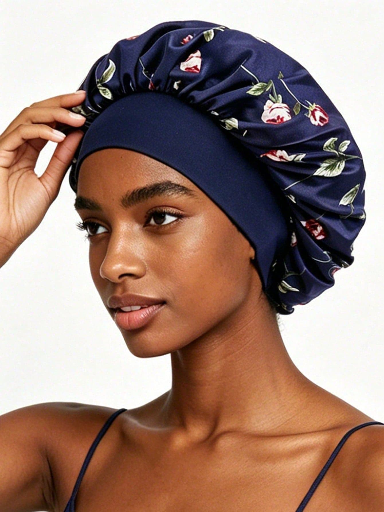CONFLASS Red Rose Floral Print Satin Hair Bonnet, Soft Wide Elastic Band Sleep Cap, Anti-Frizz Curly Hair Braided Long Hair Hair Cover, Luxury Silk Night Hair Cap
