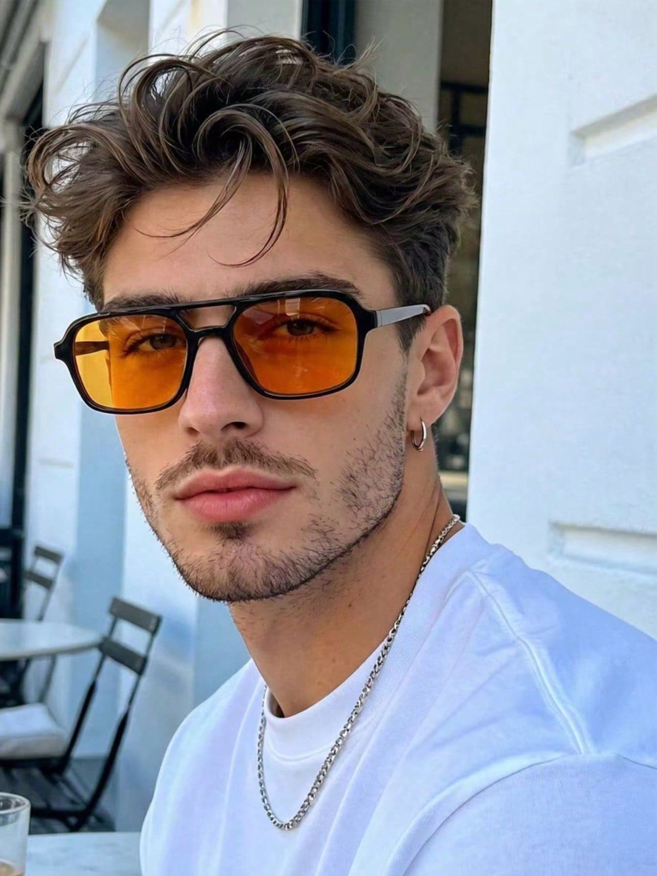 1pc Orange Retro Square Aviator Glasses, Classic Fashion Eyewear Suitable For Outdoor Travel, Beach Leisure Wear, Unisex Summer