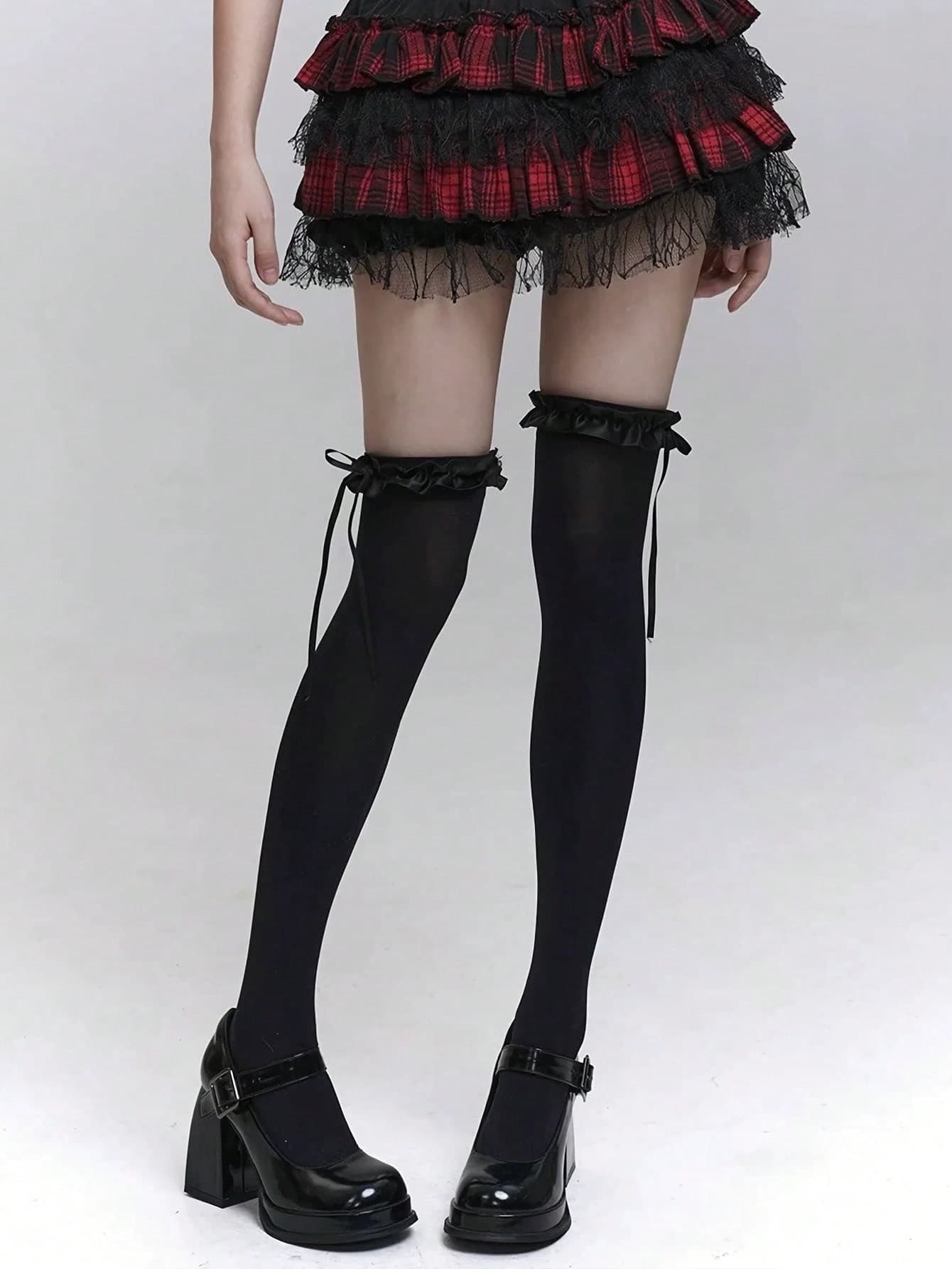 1 Pair Black Over-The-Knee Socks, Creative Lace, Bow And Ribbon Design, Pure Black, Versatile And Easy To Match