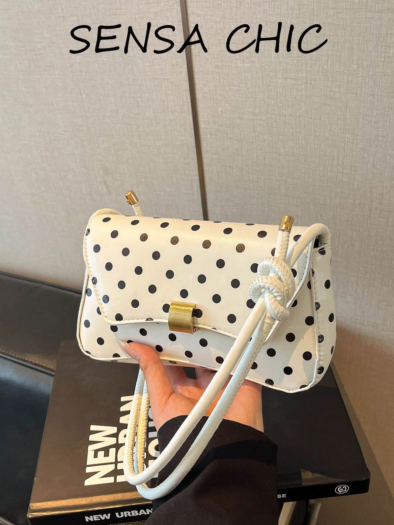 White Base Black Polka Dot Shoulder Bag, Knotted Double Spaghetti Strap, Flap With Gold Square Rotating Lock, Curved Mini Underarm Bag, Suitable For Daily Outings