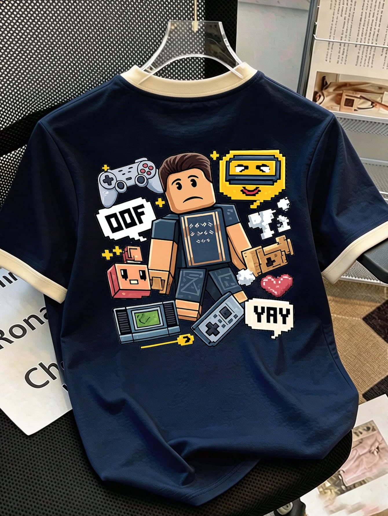 Boys' Colorblock Trim Pixel Art Game Theme T-Shirt, Breathable Short Sleeve Casual Top