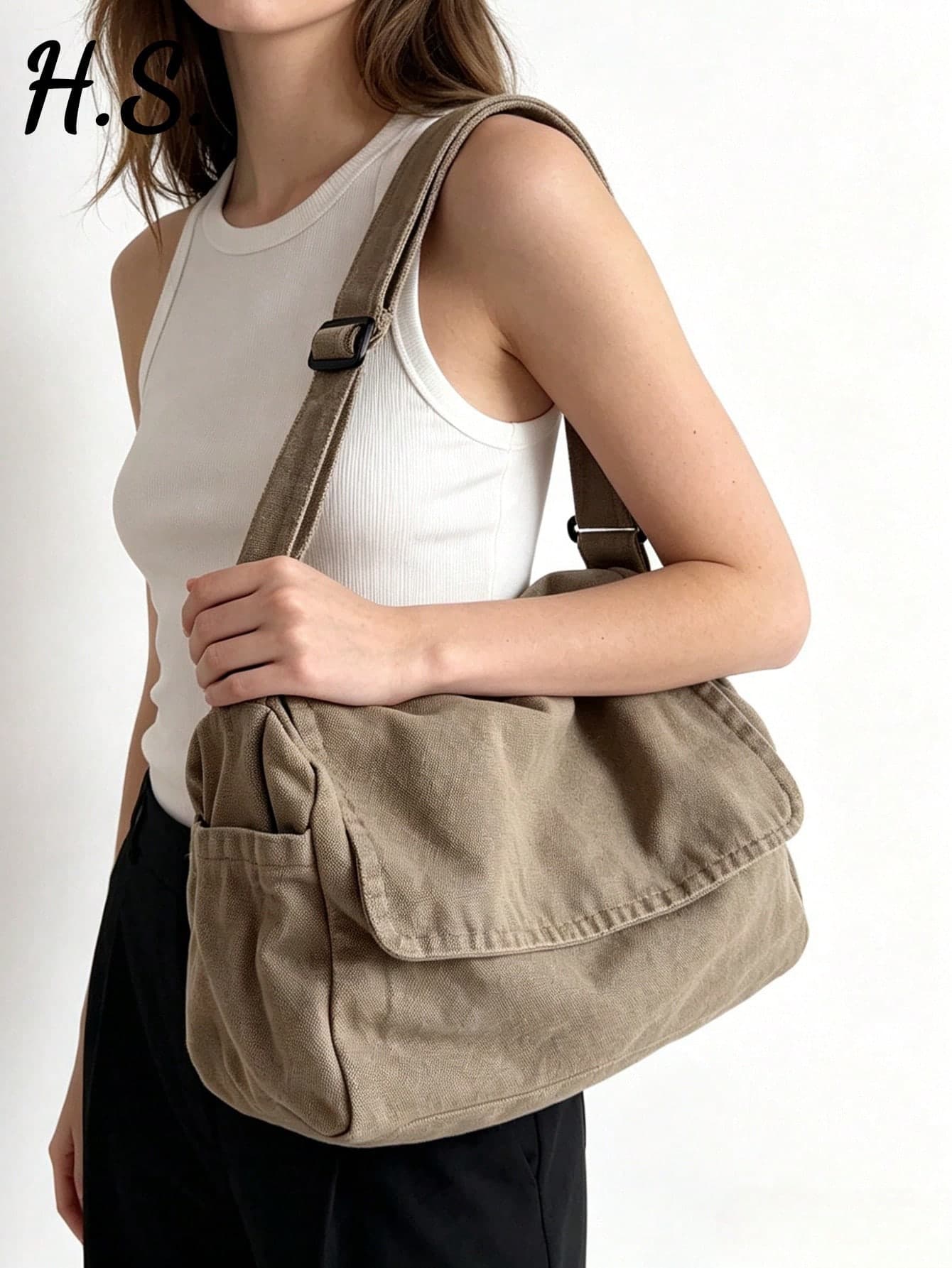 Vintage Minimalist Flap Grey Canvas Bag 2026 New Style College Student School Bag, Japanese Minimalist Solid Color Large Capacity Crossbody Bag, American Vintage Washed Canvas Messenger Bag, Suitable For Daily Commute, Shopping, Short Trips