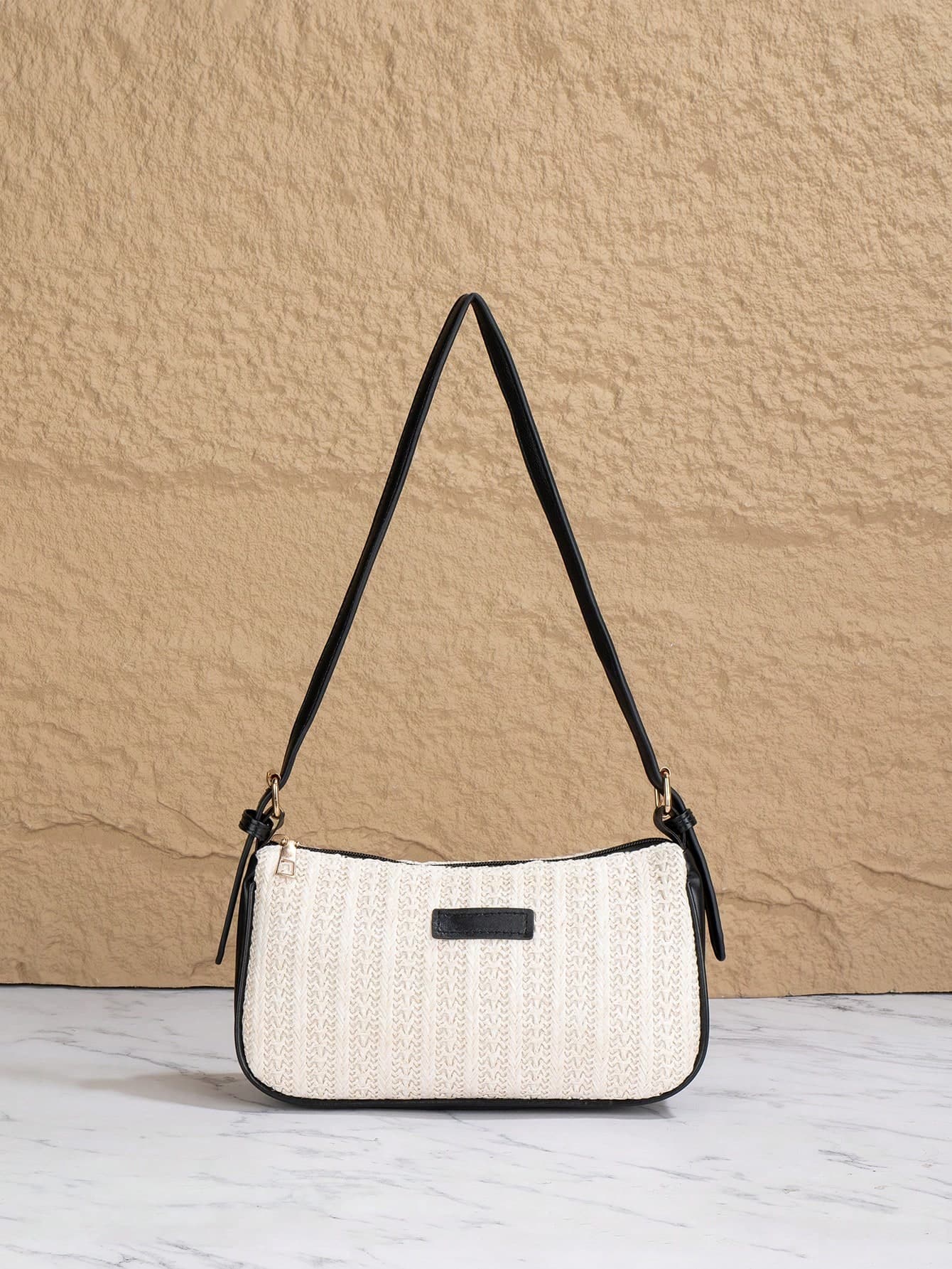 Summer Fresh Beige Vertical Stripe Woven Underarm Bag, Black Leather Trim Spaghetti Strap Contrast Color Versatile Commute Pillow Bag, Shoulder Bag Crossbody Bag Versatile Casual