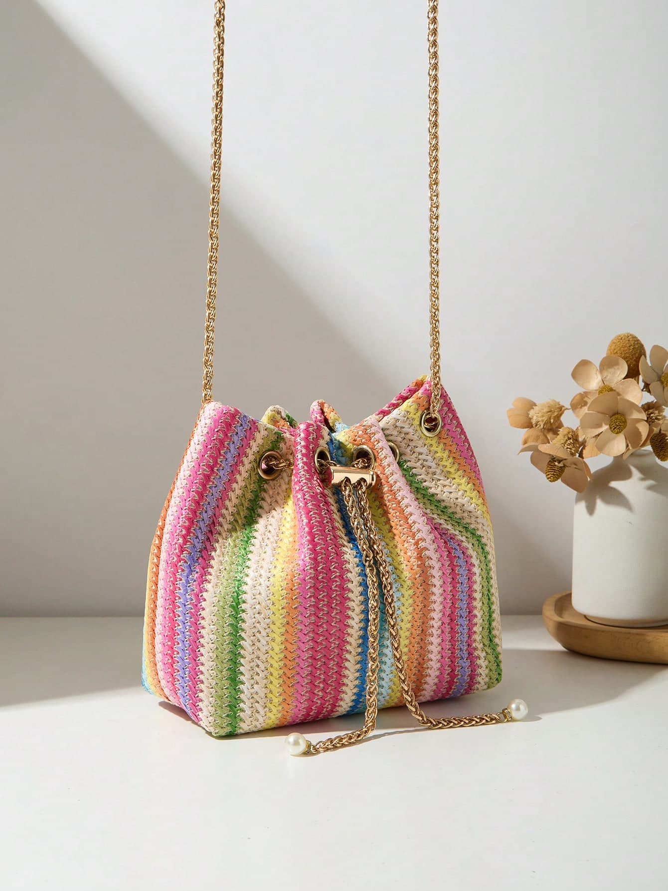Fashionable New Bucket Bag Shoulder Crossbody Bag Fabric Striped Small Bag